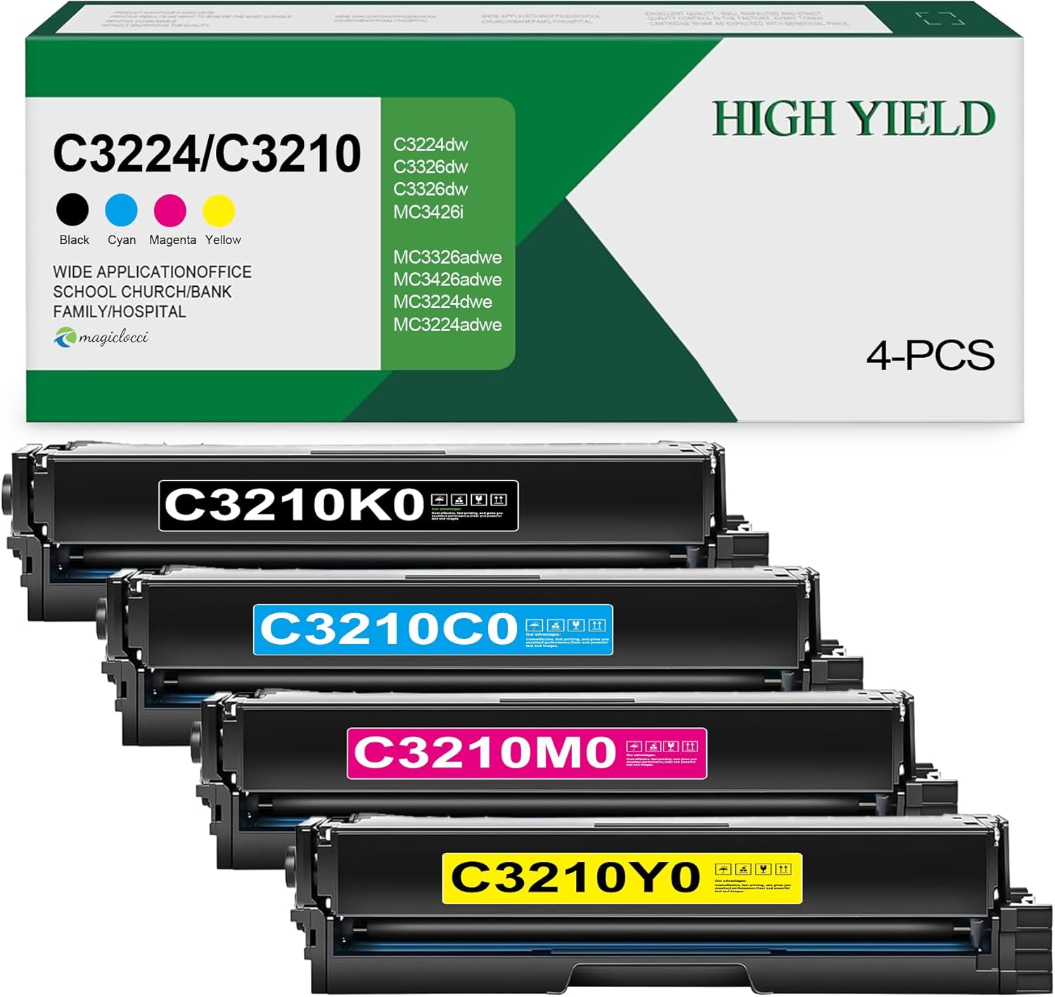 C3210C0 C3210K0 C3210M0 C3210Y0 Toner Cartridges with Chip Replacement for Lexmark C3224 C3210 Toner Cartridges for C3224dw C3326dw C3426dw MC3224adwe MC3224dwe Printer (4Pack,BK/C/M/Y)