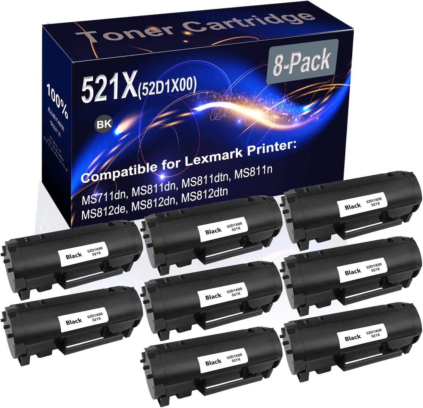 Kolasels 8-Pack (Black) Compatible High Yield 521X 52D1X00 Extra Printer Cartridge use for MS711dn MS811dn MS811dtn MS811n MS812de MS812dn MS812dtn Printer