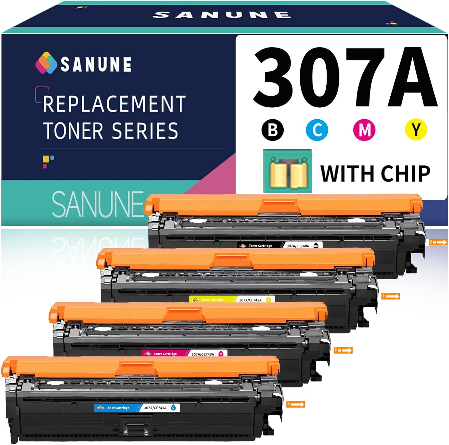 SANUNE 307A Toner Cartridge Set CE740A CE741A CE742A CE743A Toner Replacement for HP 307A Toner Ink for Color Professional CP5225 CP5225n CP5225dn CP5220 Printer 4-Pack (Black, Cyan, Magenta, Yellow)