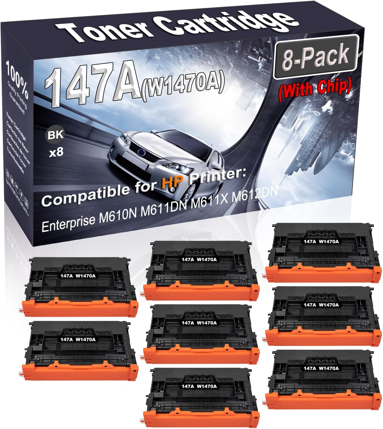Kolasels 8-Pack (Black) Compatible 147A W1470A (with Chip) Printer Toner Cartridge (High Capacity) fit for Enterprise M610N M611DN M611X M612DN Printer