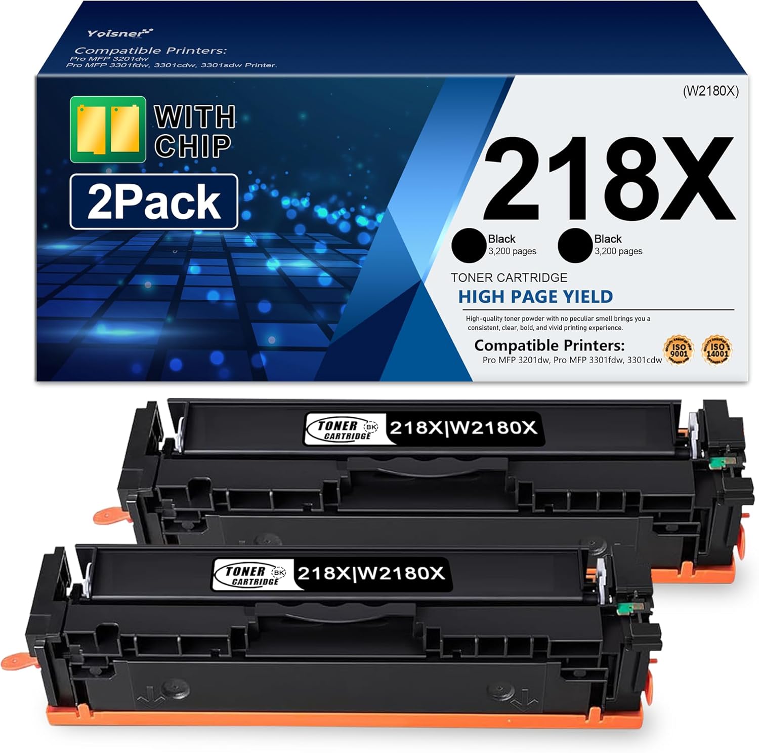 YOISNER 218X W2180X Black Toner Cartridges 2 Pack Compatible Replacement for HP 218X 218A W2180X Color Pro MFP 3301fdw 3301cdw 3301sdw 3201dw Printer Ink W2180X W2180A High Yield