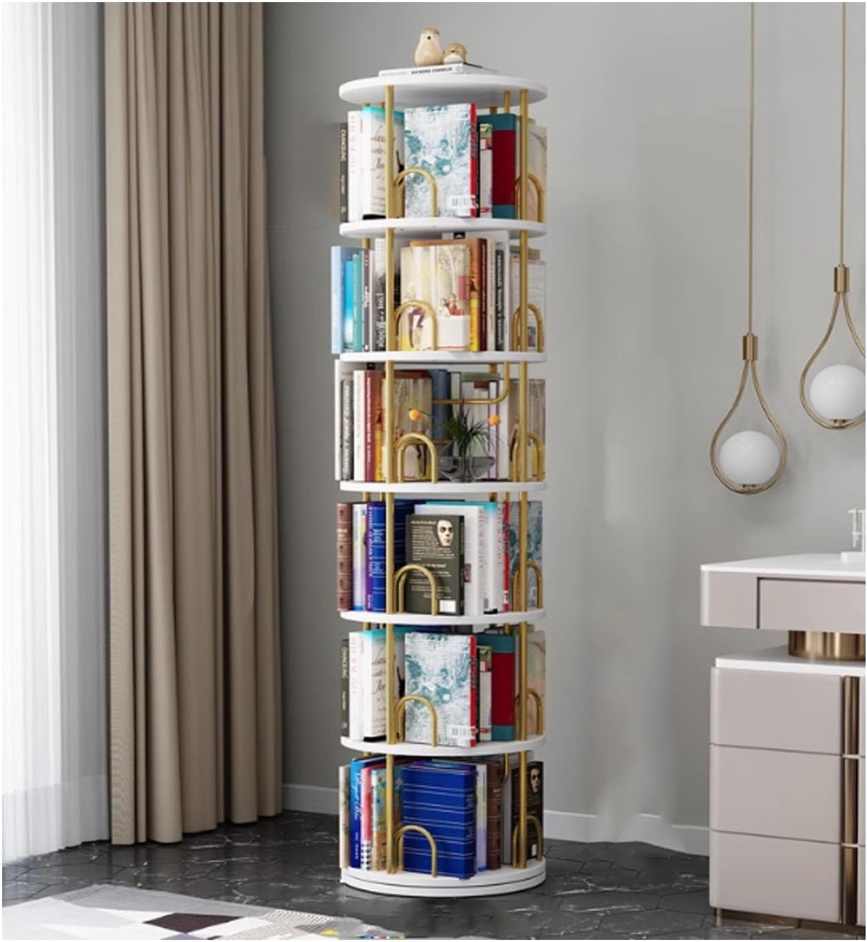 YPIOUREN Revolving Bookcase Wide Bookcase Bookcase Shelf Tall Bookcase Bookshelf Suitable for Small Space Floor-Standing Bookshelf Suitable for Bedroom Living Room(Gold,194 * 45cm/76.6 * 17.7in)