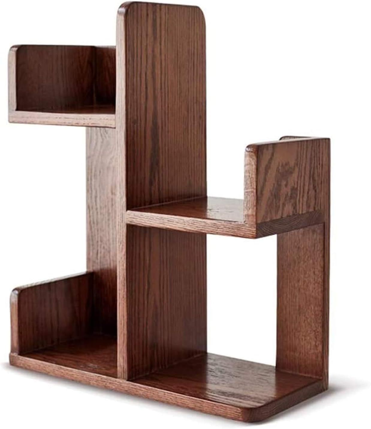NEWCES Bookcase Natural Solid Wood Desktop Bookshelf Walnut Color Desktop Bookcase Desktop Organizer for Office Home Tabletop Bookcase Decor