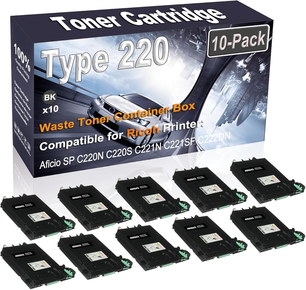 Kolasels 10-Pack (Black) Compatible 406043 Type 220 Waste Toner Container Box (High Capacity) fit for Ricoh Aficio SP C220N C220S C221N C221SF C222DN Printer