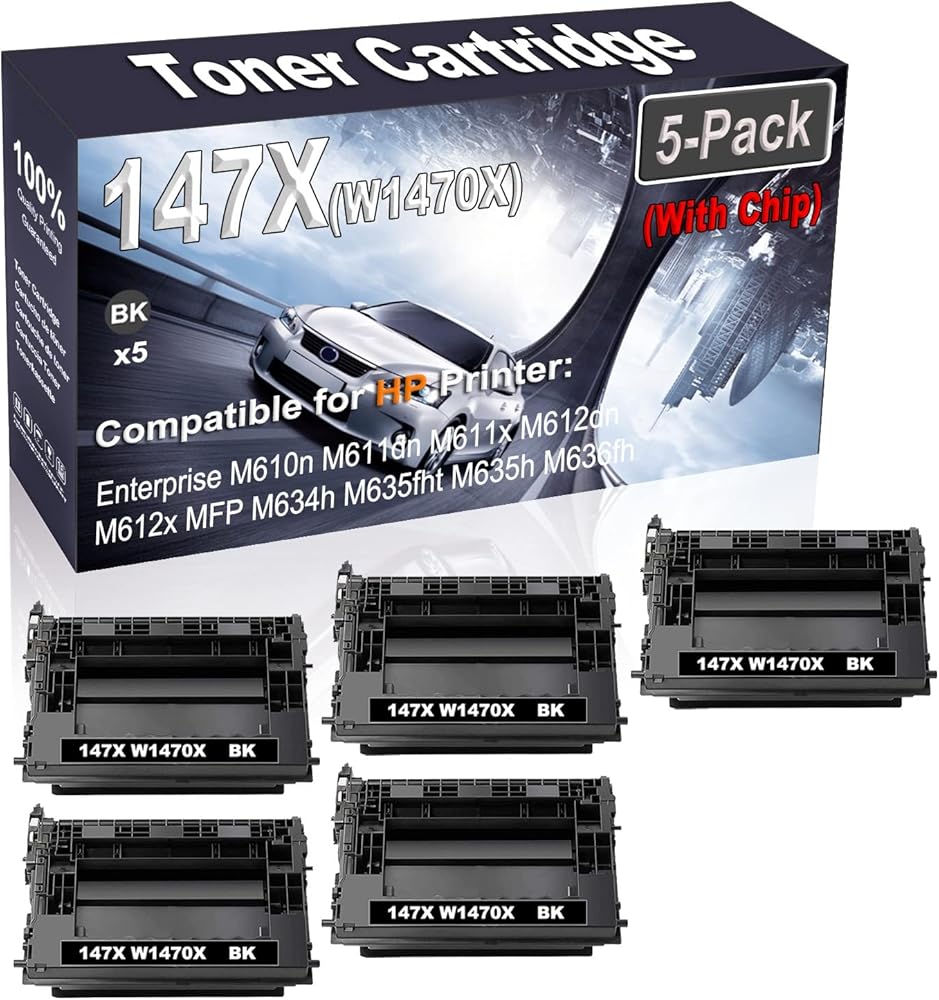 5-Pack (Black) Compatible Enterprise M610n M611dn M611x M612dn M612x Laser Printer Cartridge (High Capacity) Replacement for HP 147X W1470X (with Chip) Printer Cartridge