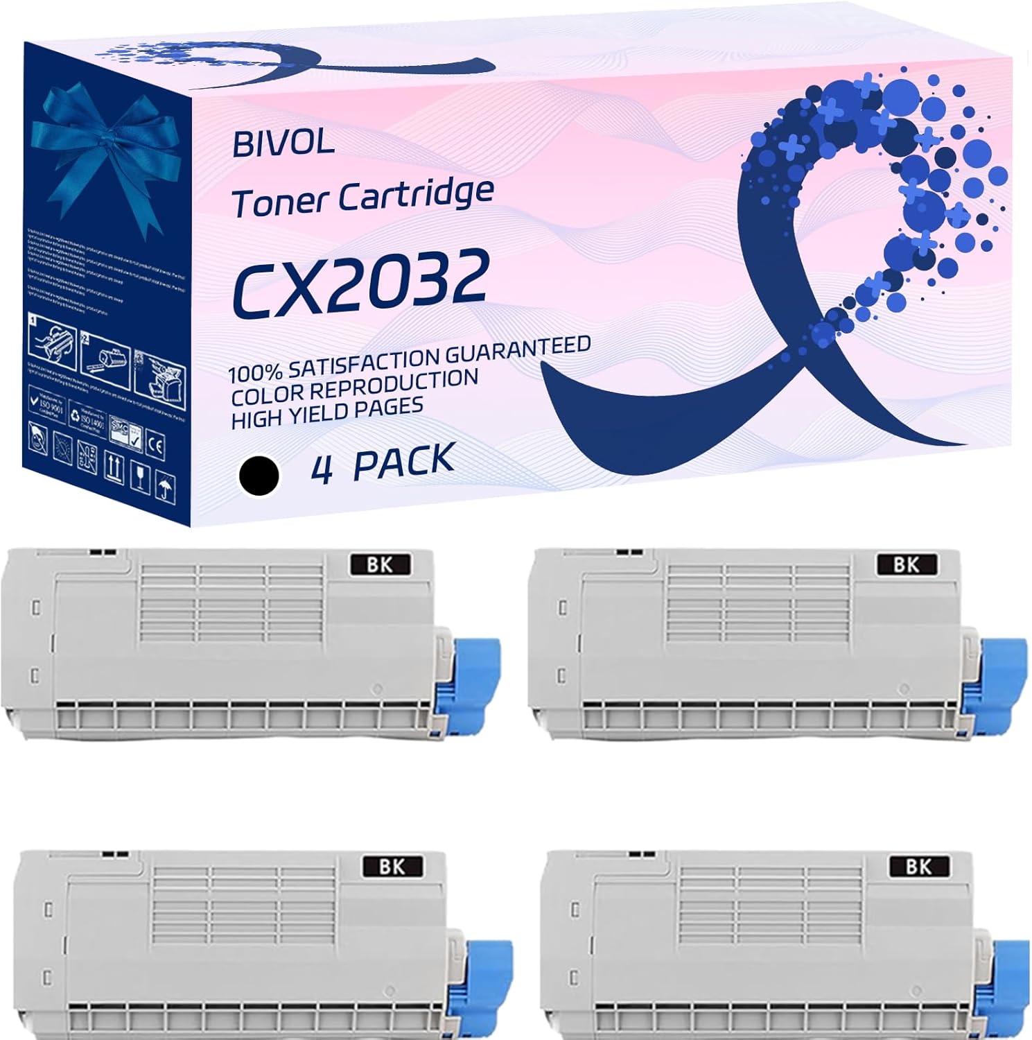 BIVOL CX2032 Toner Cartridge Compatible for Okidata OKI CX2032 CX2032MFP Printers, with Chip, High Yield 6000 Pages, Vivid Colors (4 Pack Black)