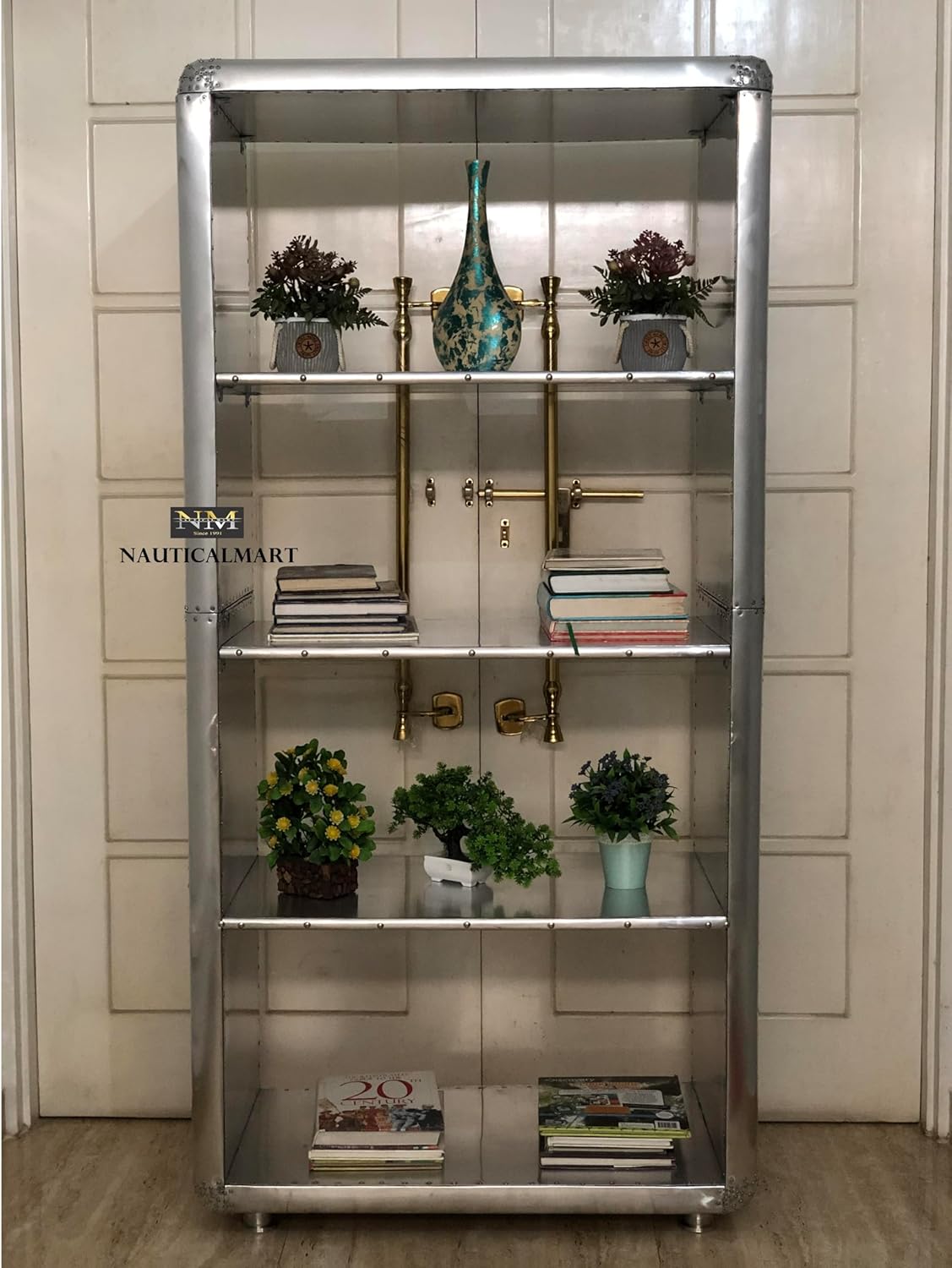 NauticalMart Aluminum Aviator Industrial Metal Bookcase - Silver Home Office Furniture Aviation-Inspired Display Cabinet Bookshelves Single Shelving