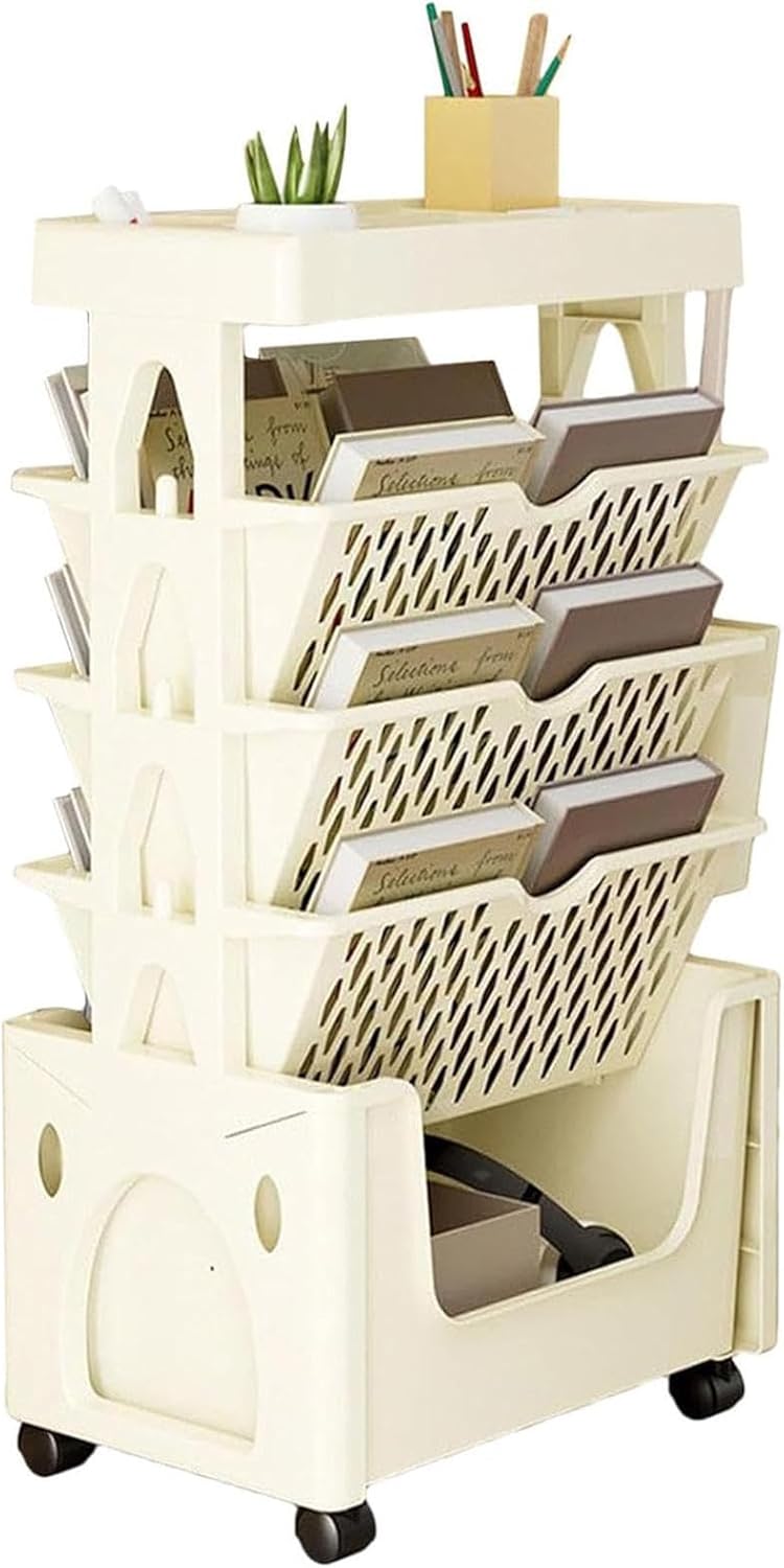 LOKORI Multifunctional Bookshelf Cart,5 Tier Removable Storage Book Rack，Movable Bookcase Organizer Book Shelves for Office Living Room Kitchen,A