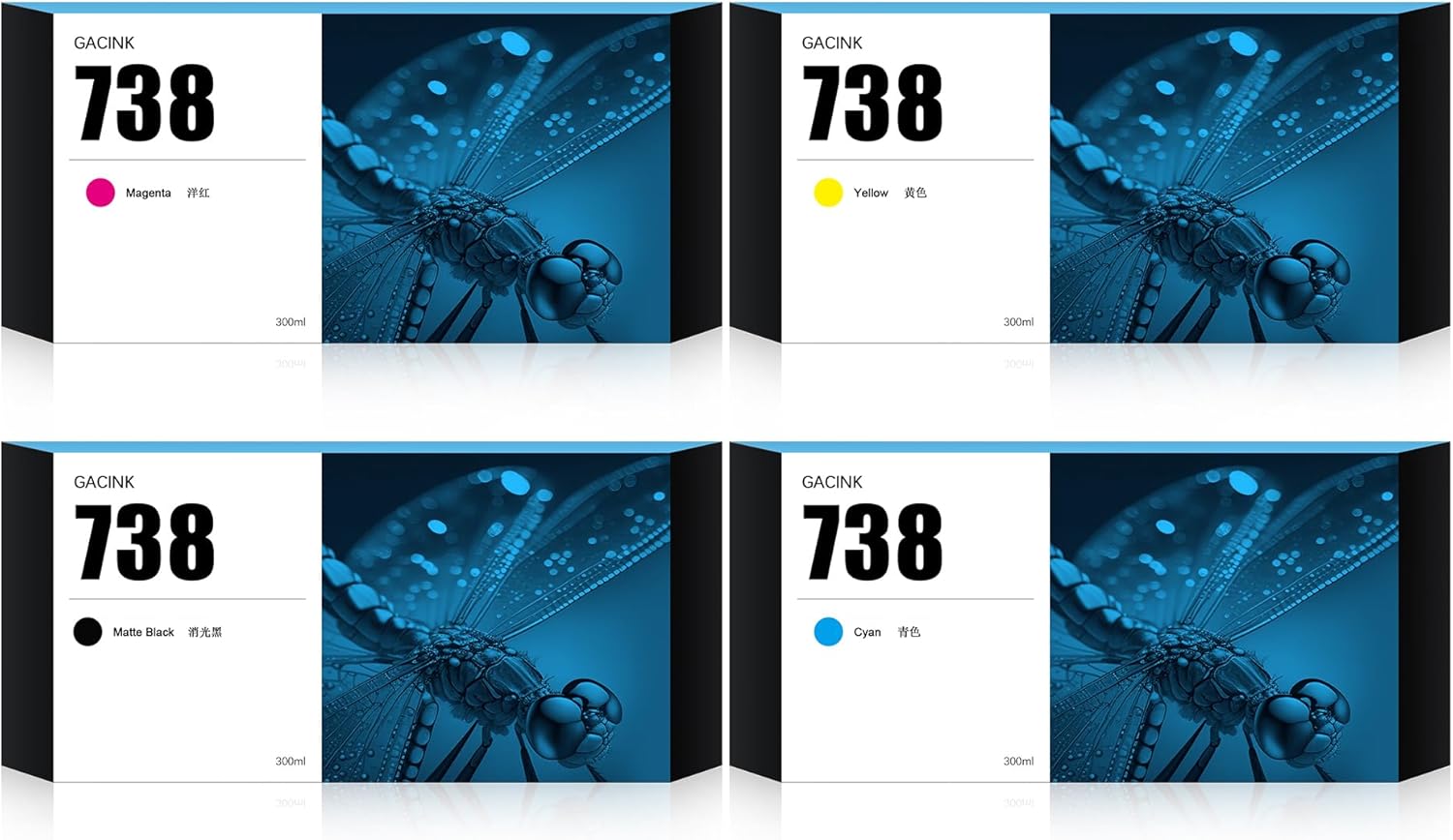 GACINK 738 Ink Cartridges 300ML 4-Pack 498N8A 676M6A 676M7A 676M8A Compatible with HP DesignJet T850 & T950 Wide Format Printers (Black Cyan Magenta Yellow)