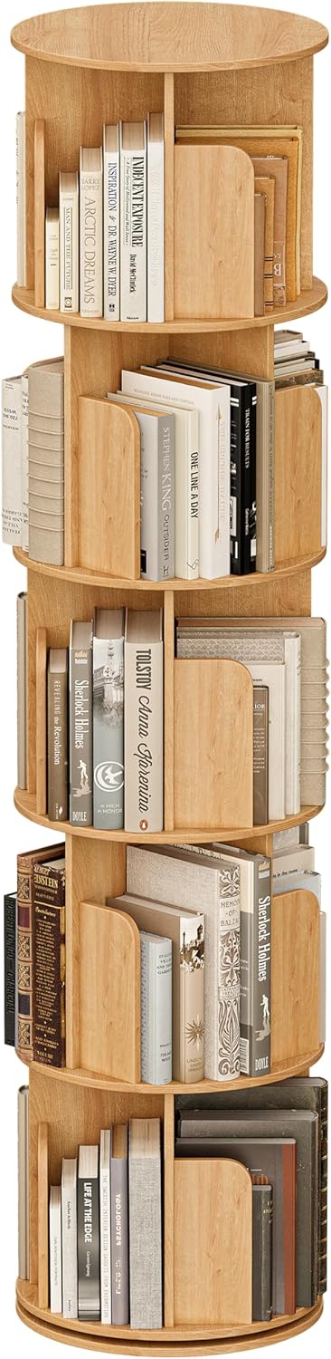 VDNEND Wooden 5 Tier Rotating Bookshelf, Spinning Bookshelf Tower,Modern Revolving Small Bookcase for Corner,Living Room,Bedroom (Natural Oak, 5-Tier)