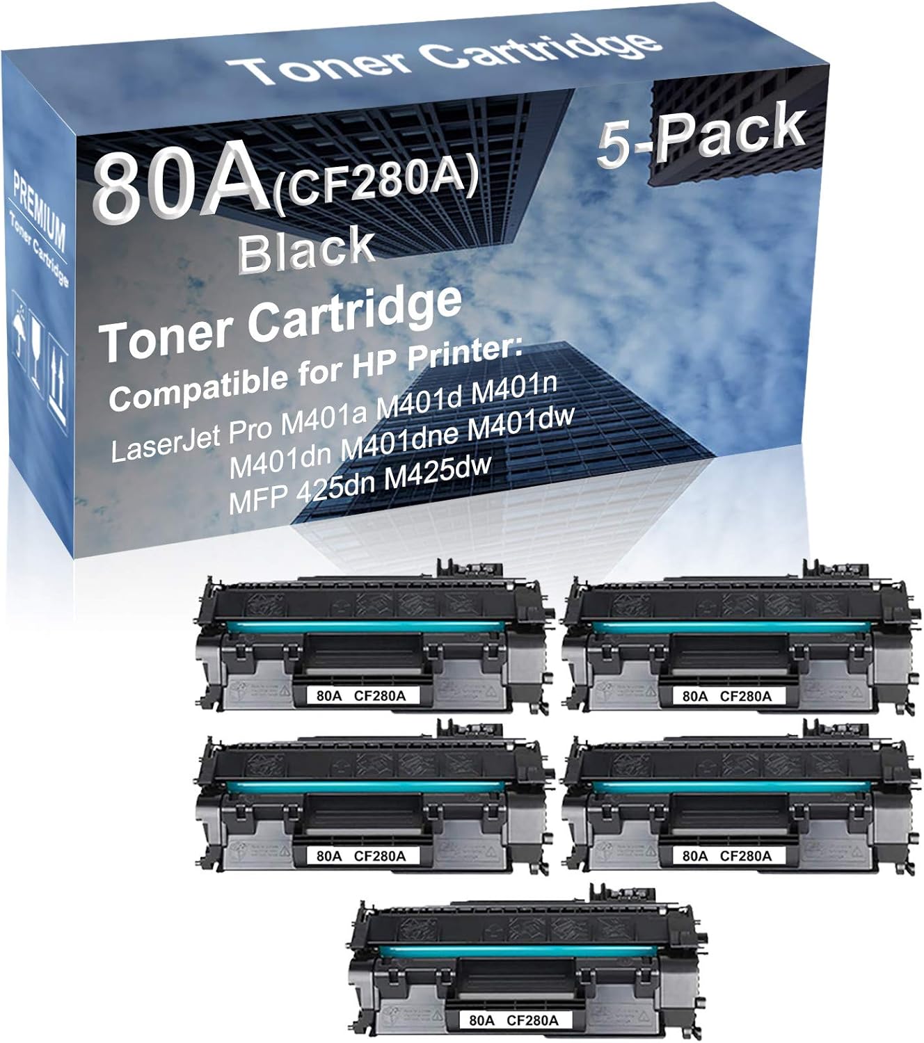 5-Pack Compatible High Yield M401dn M401dne M401dw Printer Cartridge Replacement for 80A (CF280A) Toner Cartridge (Black)