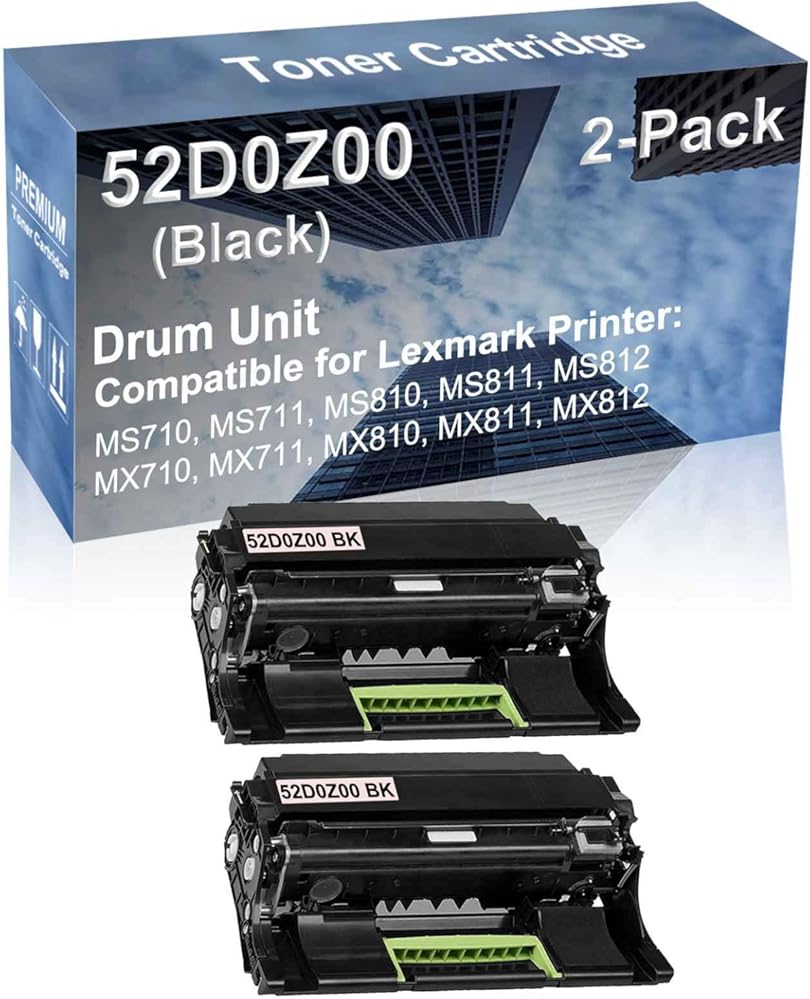 2-Pack (Black) Compatible MS812, MX710, MX711 Printer Drum Unit Replacement for Lexmark 52D0Z00 Drum Kit