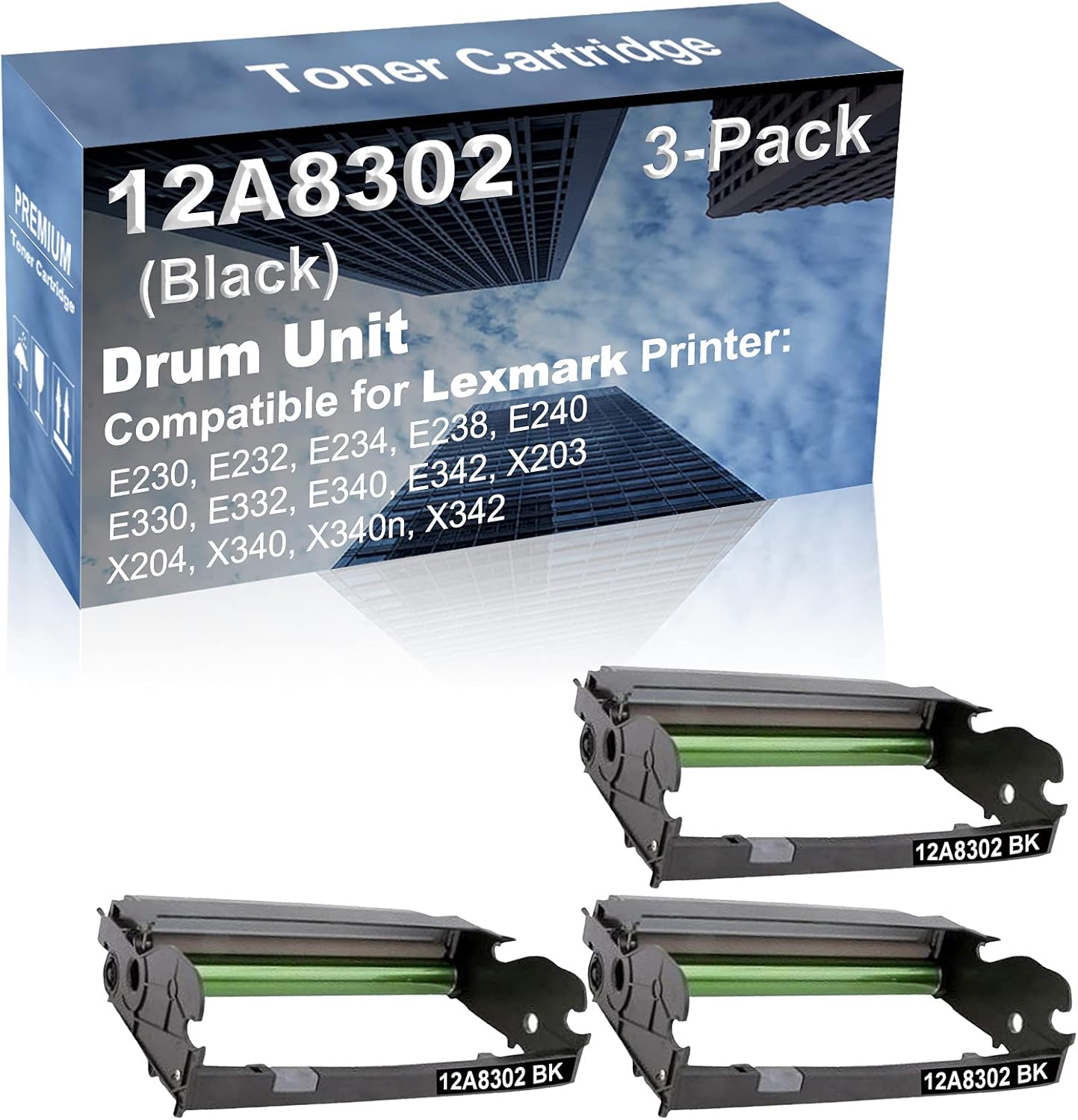 3-Pack Compatible 12A8302 X340H22G Drum Kit use for Lexmark E230, E232, E234, E238, E240 Printer (Black)