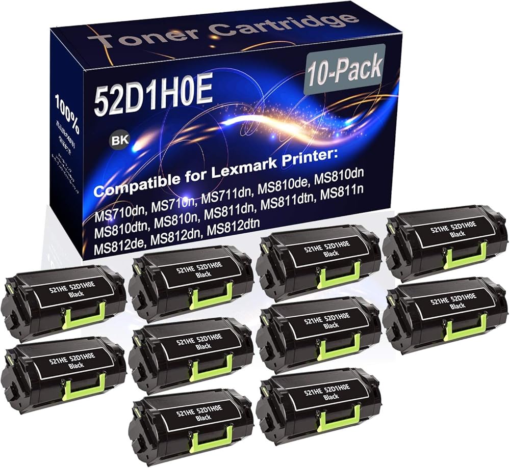Kolasels 10-Pack (Black) Compatible High Yield 521HE 52D1H0E Printer Cartridge use for MS710dn MS710n MS711dn MS810de MS810dn MS810dtn Printer