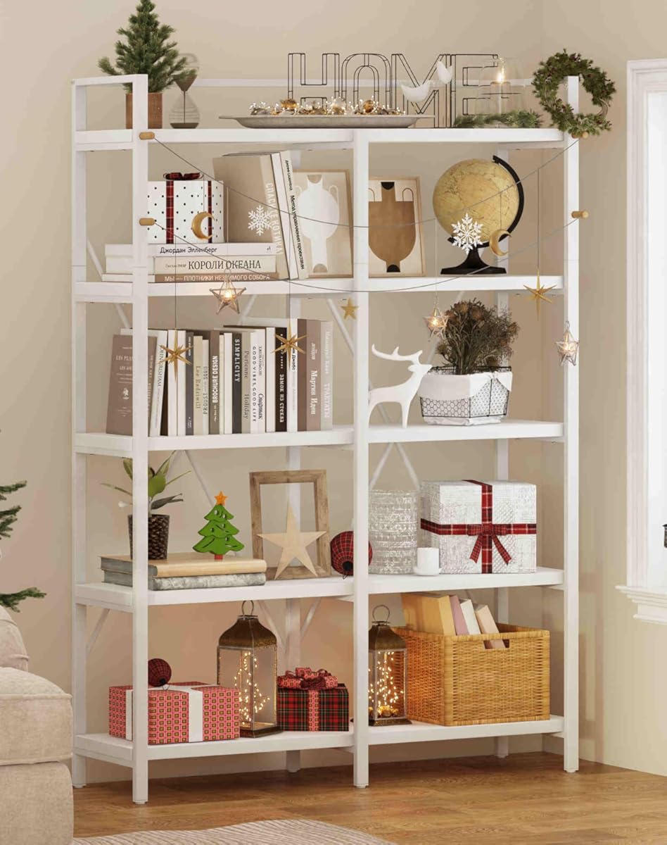 FATORRI Bookshelves and Bookcases, 5 Tier Tall Wood Metal Bookshelf, 51in Wide Bookcase Modern Shelving Unite for Home Office, Living Room, Bedroom (White Oak)