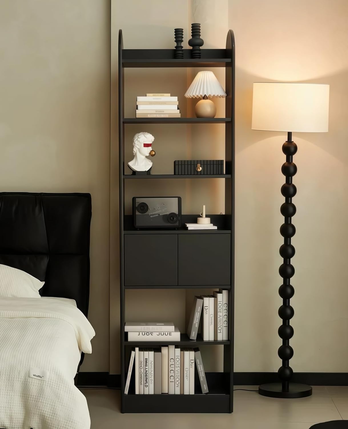 Kavie Vintage Minimalist Bookcase, Multi-Tier Open Shelf with Hidden Push-Button Door, Storage Display Cabinet for Study Living Room (Black,31.5