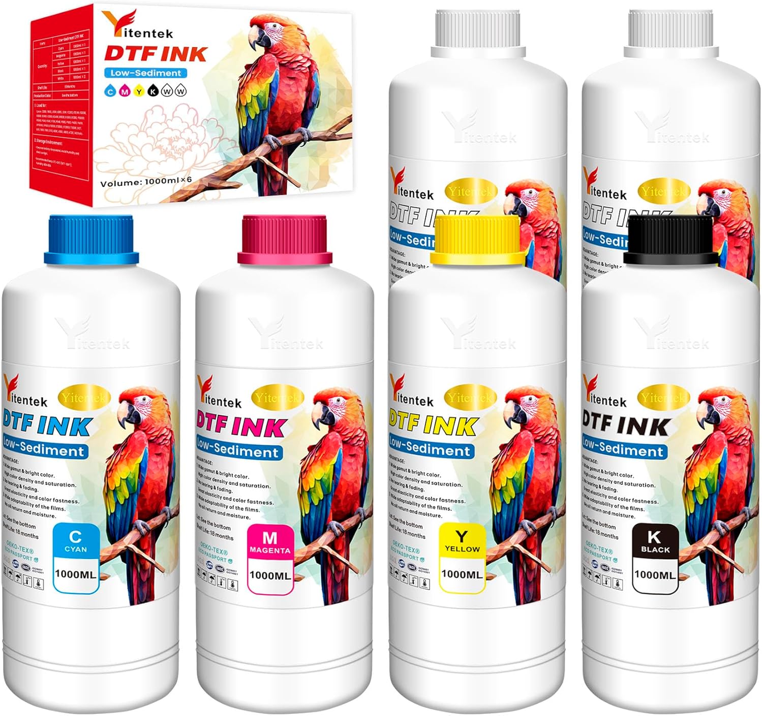 Yitentek Low-Sediment DTF Ink 6000ML DTF Transfer Ink for PET Film Pigment Ink Refill for P600 P800 DX5 XP600 4720 i3200 i1600 5113. High Fluidity, Whiteness & Coverage, (1000ml x 6, 2Wh+CMYK)