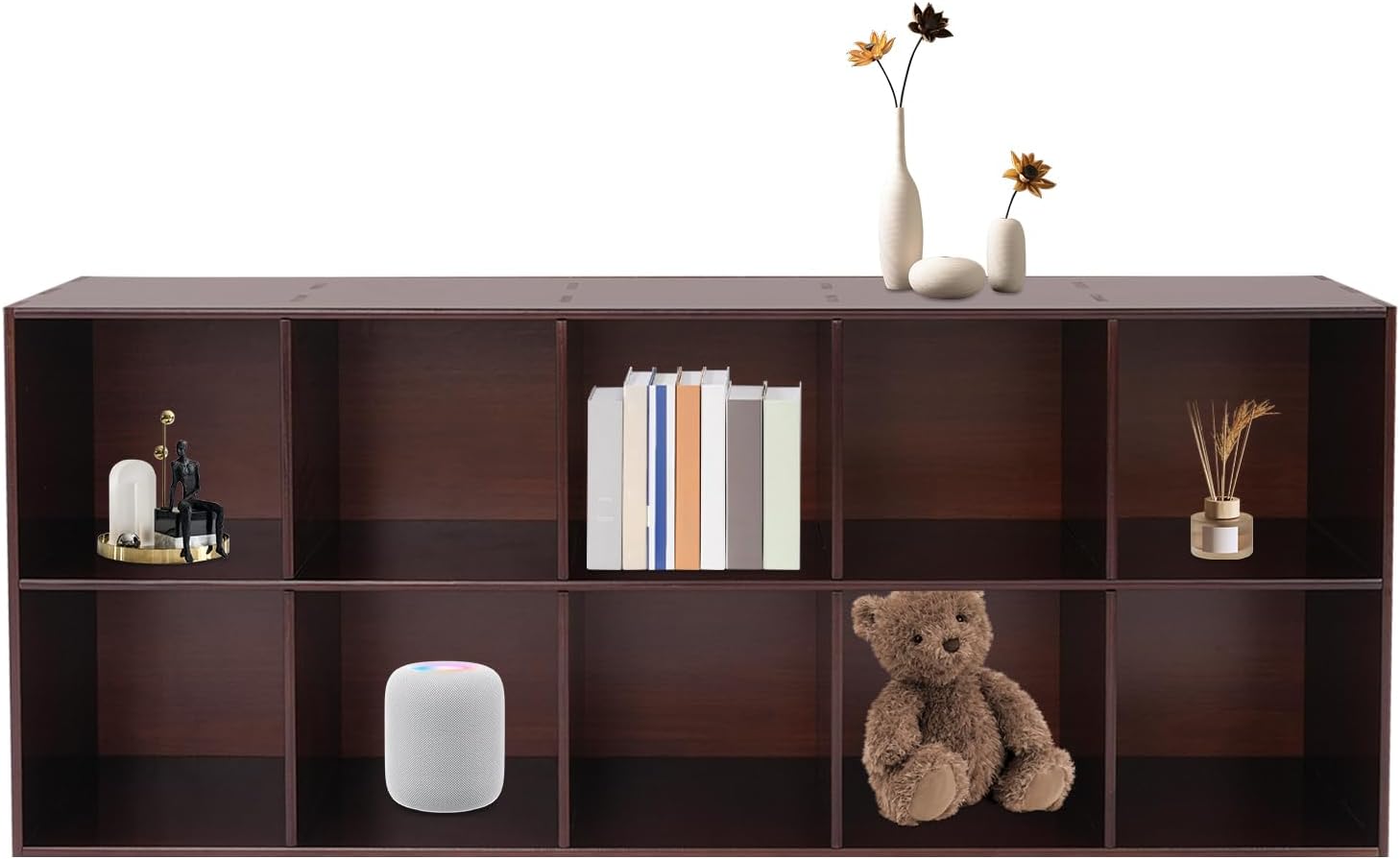 Uphilltool 10-Cube Solid Wood Bookshelf, 2 Tiers Floor Standing Bookcase, Open Storage Shelf Fabric Storage Bins Container for Home Office Library - 59