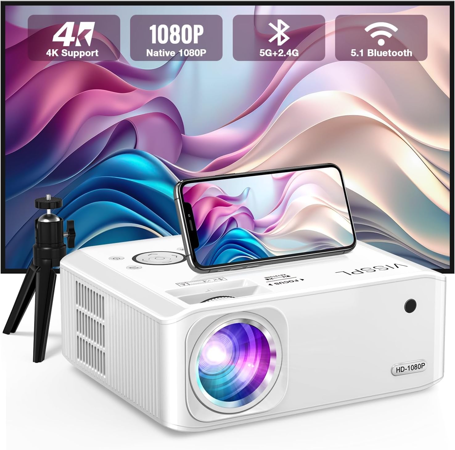 15000L Mini Projector, VISSPL 4K Support Video Projector, Portable Projector with Tripod, Kids Gift, Home Theater Movie Phone Projector Compatible with Android/iOS/Windows/TV Stick/HDMI/USB