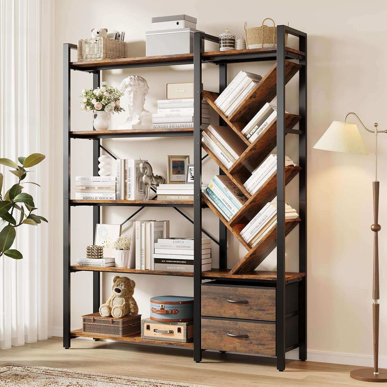 Vividwood 5-Tier Bookshelf Bookcase Shelving Unit with Tree Display Shelves, 65” Tall Industrial Storage Rack with 2 Fabric Drawers and 6 Adjustable Feet for Living Room and Home Office