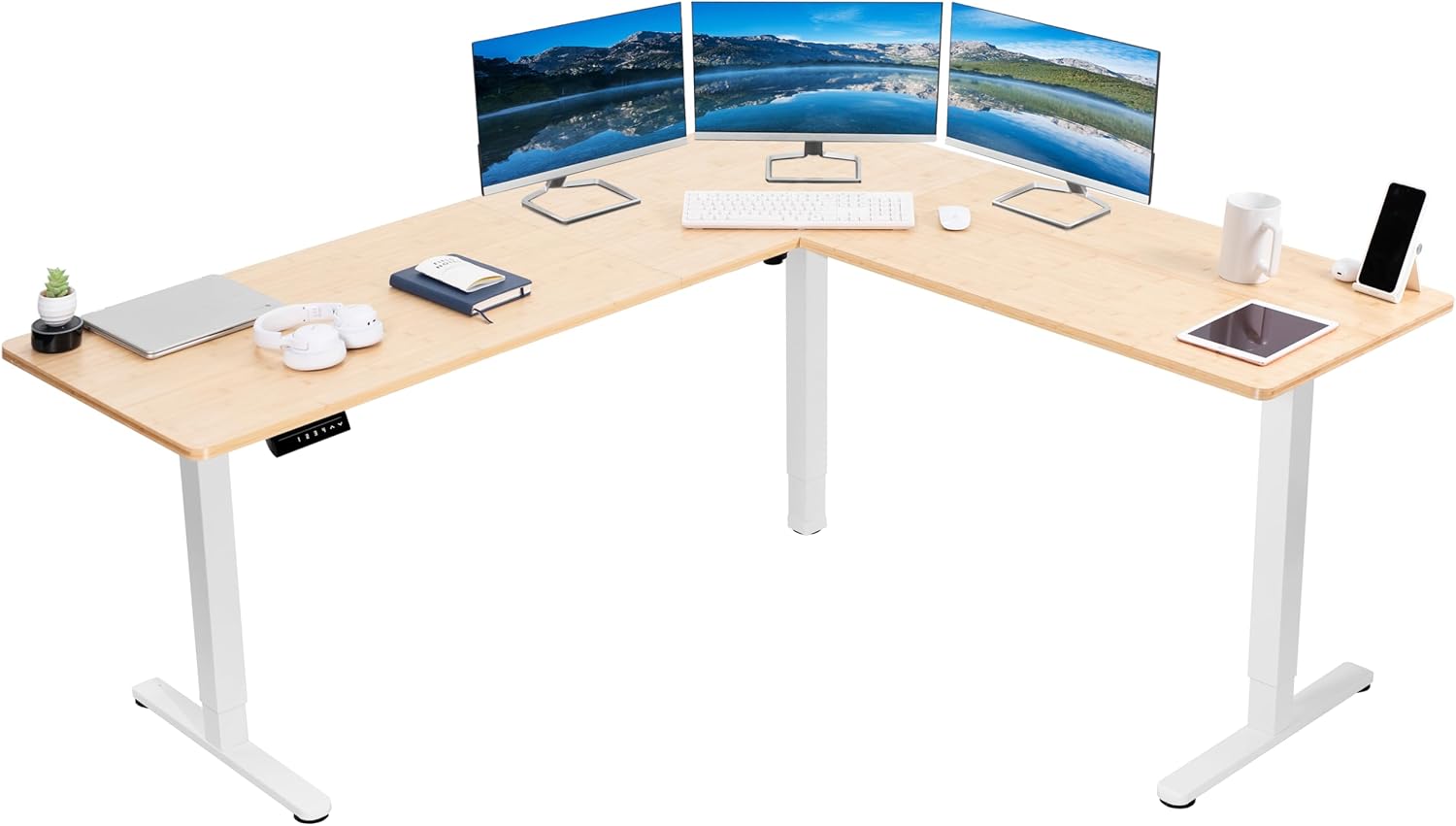 VIVO Electric Corner 75 x 63 inch L-Shaped Standing Desk, Memory Height Adjustment, Real Bamboo Top White Frame, DESK-E3CTWO-75