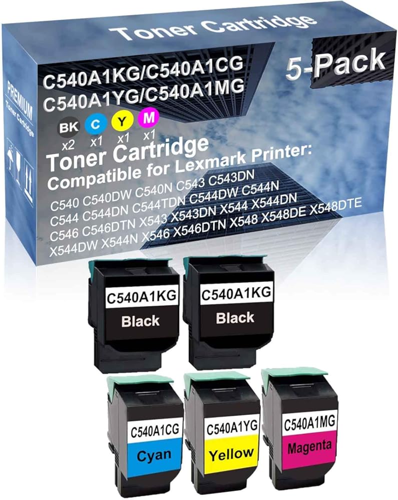 5-Pack (2BK+C+Y+M) Compatible High Yield C540A1KG+ C540A1CG+ C540A1YG+ C540A1MG Laser Printer Toner Cartridge Used for Lexmark X544 X544DN X544DW X544N X546 X546DTN X548 X548DE X548DTE Printer