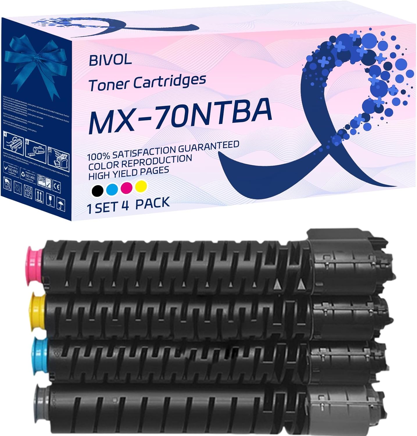BIVOL MX-70NTBA Toner Cartridges Compatible for Sharp MX-5500N MX-6200N MX-7000N Printers, with Chip, High Yield 52000 Pages, Vivid Colors (Multicolor)