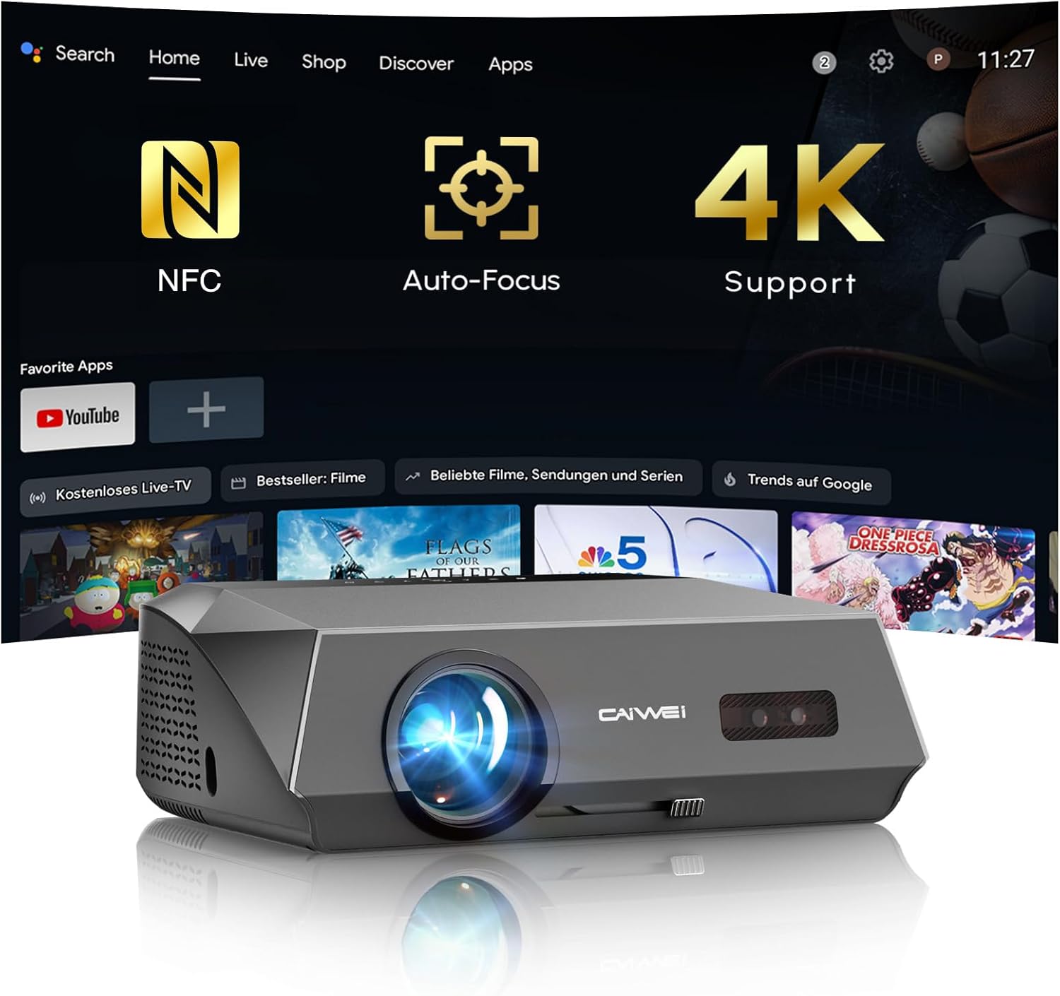 Smart Projector 4K Daylight,Certified Apps,ToF CMOS Auto Focus,2300ANSI High Lumen Ultra HD Home Outdoor Movie Gaming Projector with WIFI6 Bluetooth,GTV,NFC Casting,Dolby Audio,HDMI ARC,HDR10