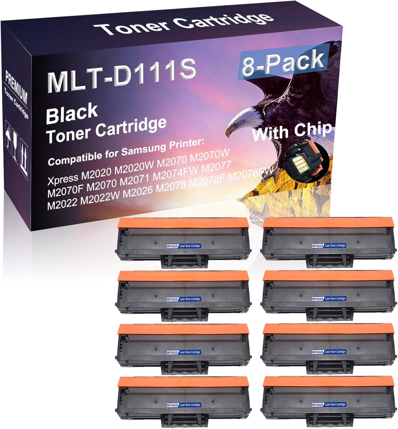 8 Pack (Black) with Chip Compatible Laser Printer Cartridge (High Yield) Replacement for Samsung MLT-D111S D111S Imaging Cartridge for Samsung Xpress M2022 M2022W M2026 M2078 M2078F M2078FW Printer
