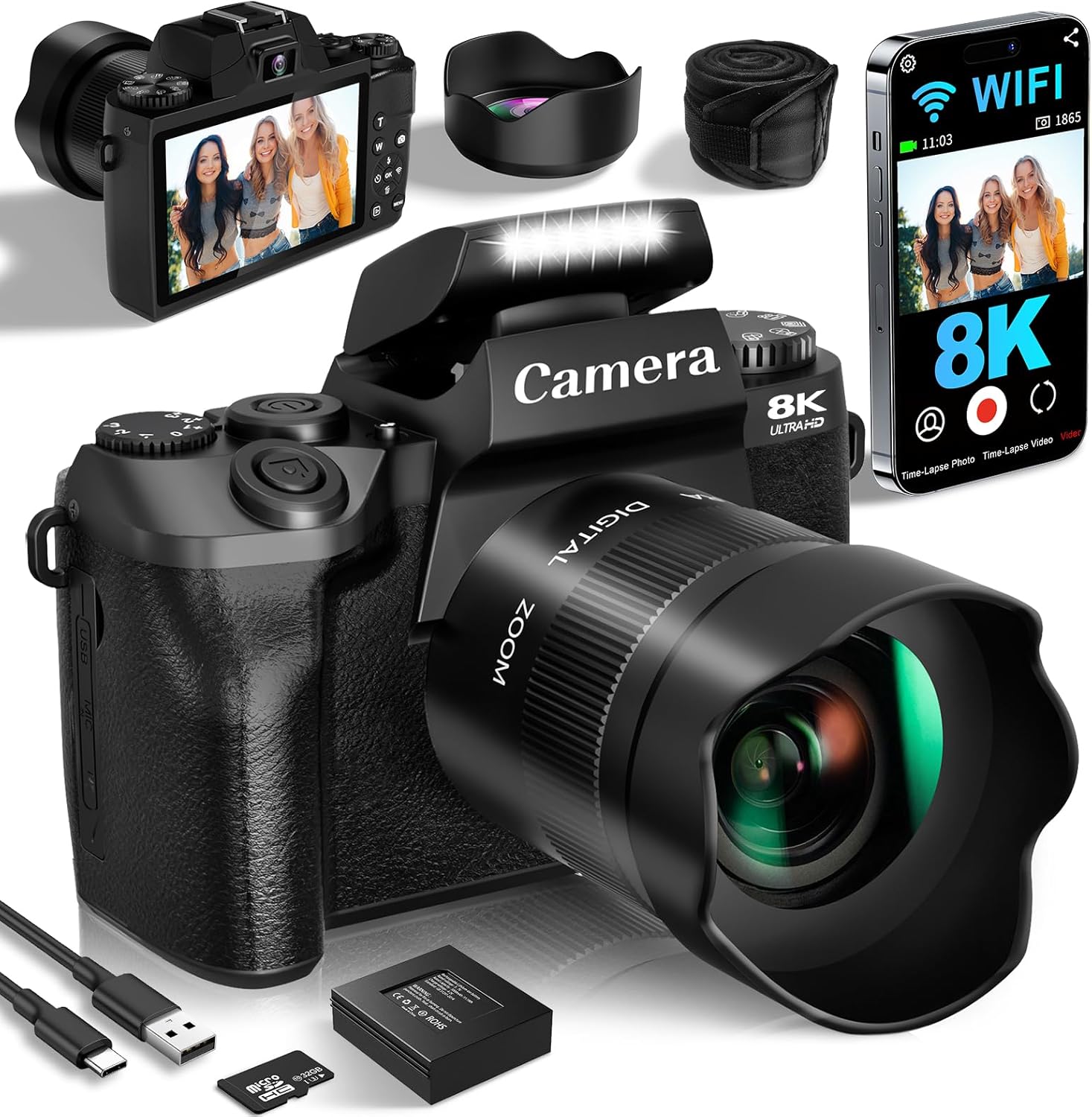 8K Digital Cameras for Photography, 64MP Vlogging Camera for YouTube with 4