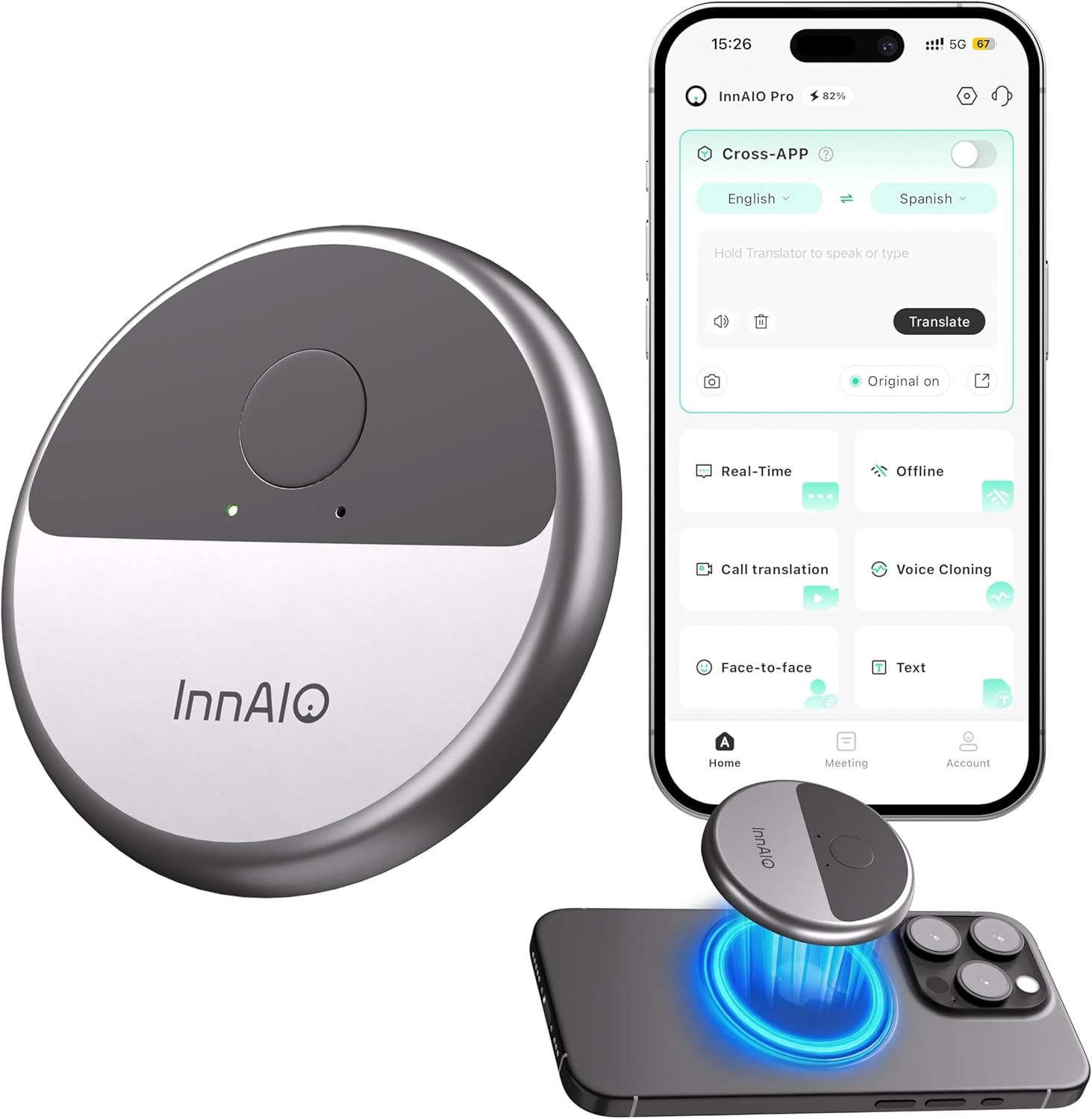InnAIO Language Translator Device T10 with Voice Cloning, GPT-Powered Real-Time Translation, 140+ Languages, Meeting Minutes and Photo Translation, Ultra-Fast Accuracy for Business/Travel/Daily Use