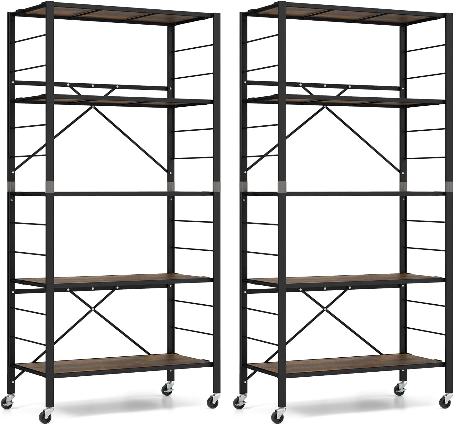 GOFLAME 5-Tier Folding Bookshelf Set of 2, Freestanding DIY Shelving Unit with Wheels, Height-Adjustable Shelves, Metal Frame, Industrial Storage Shelf Organizer, Bookcase Display Rack