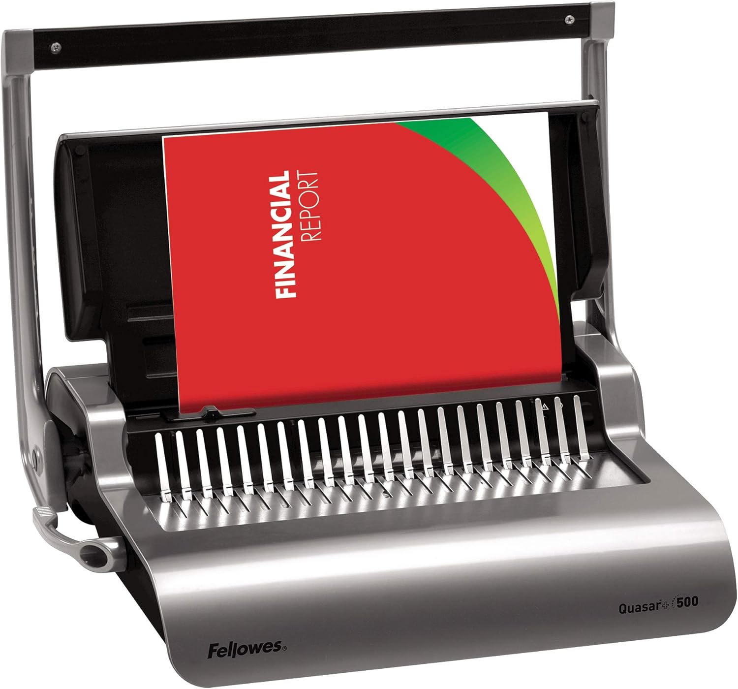 Fellowes Quasar+ Binding Machine for Office - 21-Hole, 500 Sheet Manual Paper Punch Comb Binder Machine with Starter Kit 10 Comb Bindings - Ideal for Office Use - Silver