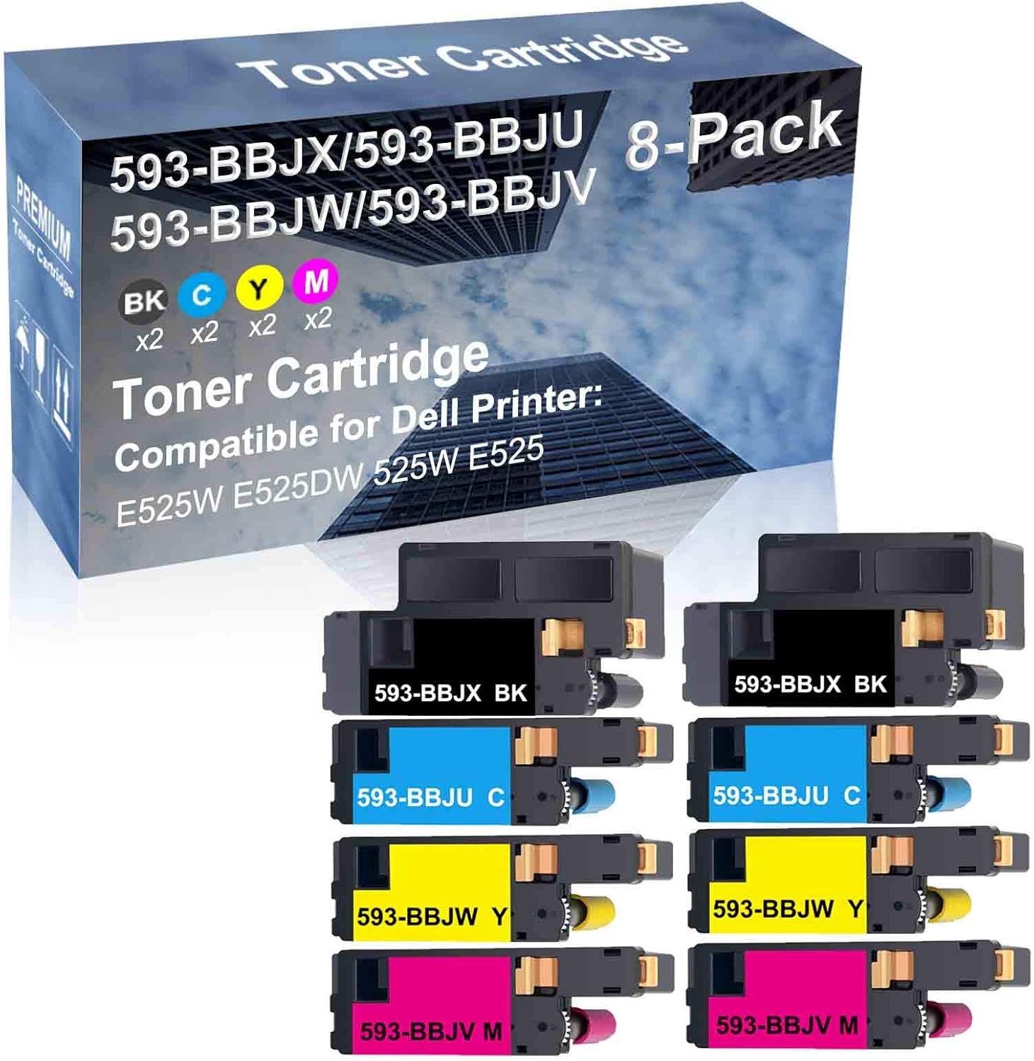8-Pack (2BK+2C+2Y+2M) Compatible High Capacity 593-BBJX+ 593-BBJU+ 593-BBJW+ 593-BBJV Toner Cartridge Used for Dell E525W E525DW 525W E525 Printer