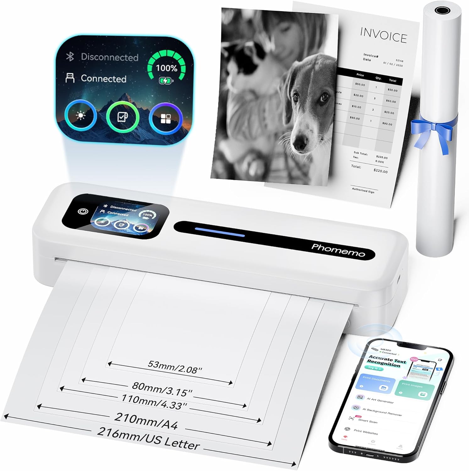 Phomemo Upgraded Portable Printer with Touchscreen, M832D Bluetooth Wireless Thermal Inkless Printer, Supports 8.5