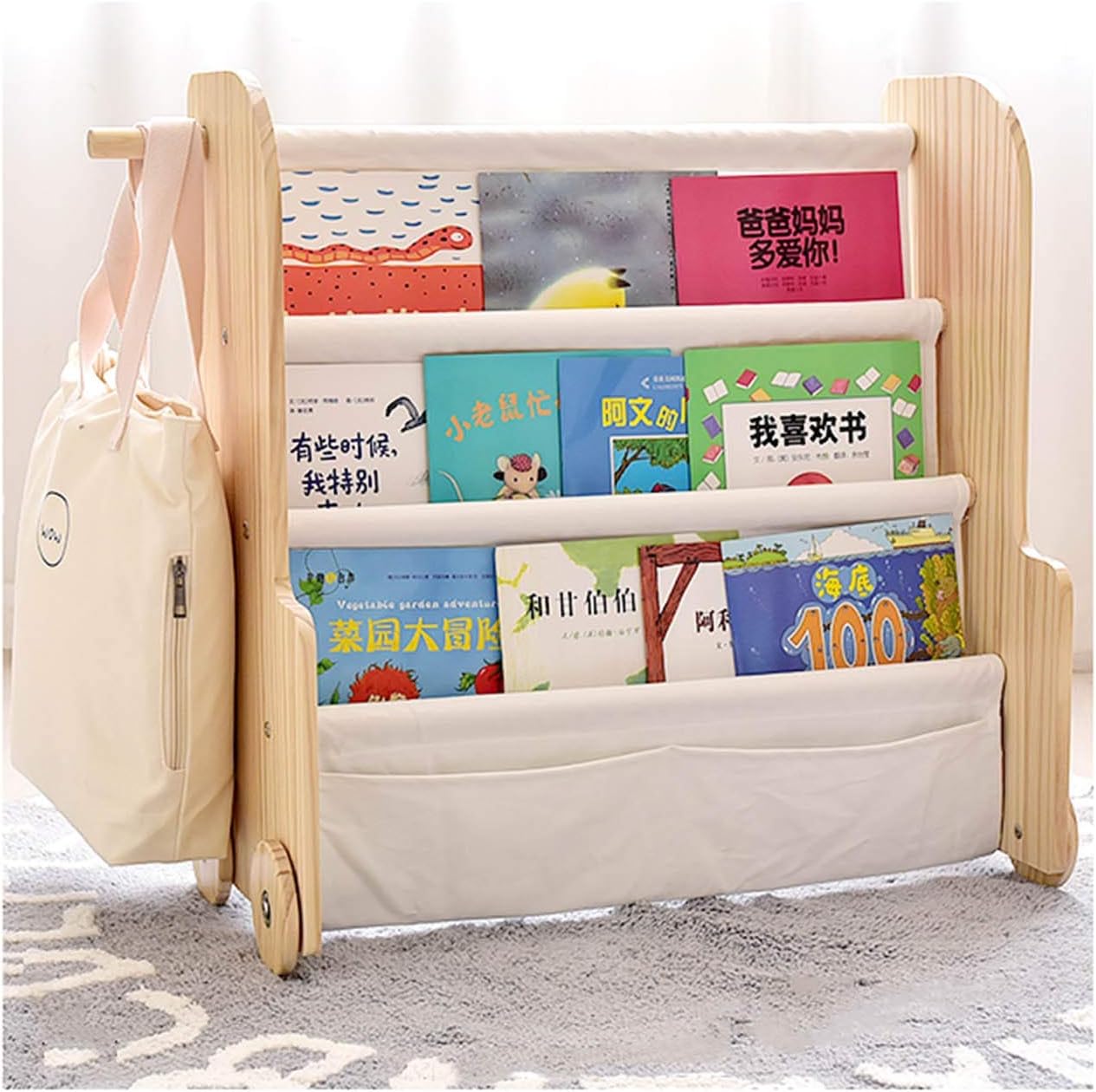NLIAN- Childrens Bookcase Sling, High-Grade Pine Board Childs Book Shelves Kids Wooden Bookshelf with Wheel Storage Book Rack 68x65x30cm (Color : White)