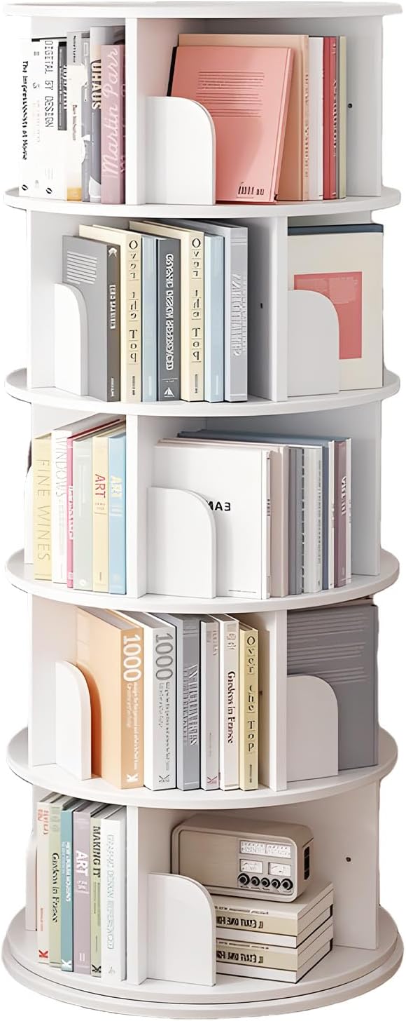 White Rotating Bookshelf, Round Revolving Bookcase Tower with Baffle, 360° Spinning Bookshelf Wood Book Shelf Display Book Shelves Organizer, 4/5 Tier Floor Standing Bookshelves for Study Bedroom