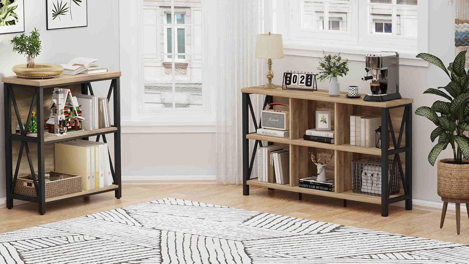 FATORRI 6 Cube Bookcase and Small Bookcase for Home Office (Rustic Oak)
