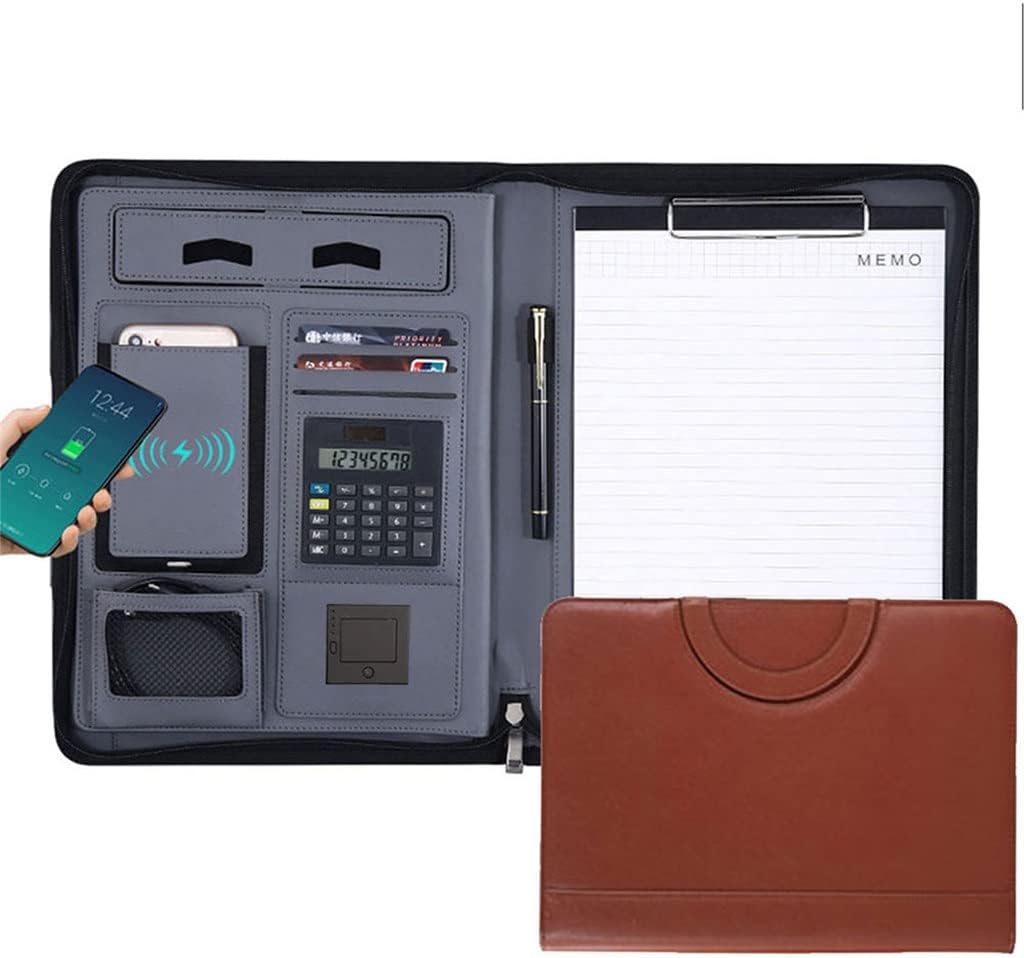 BCCCLLLSA A4 Leather Folder Charging Portfolio Zipper Binder Business Padfolio Organizer Calculator 10000mah (Color : D) (White Dinosaur Doodle4)