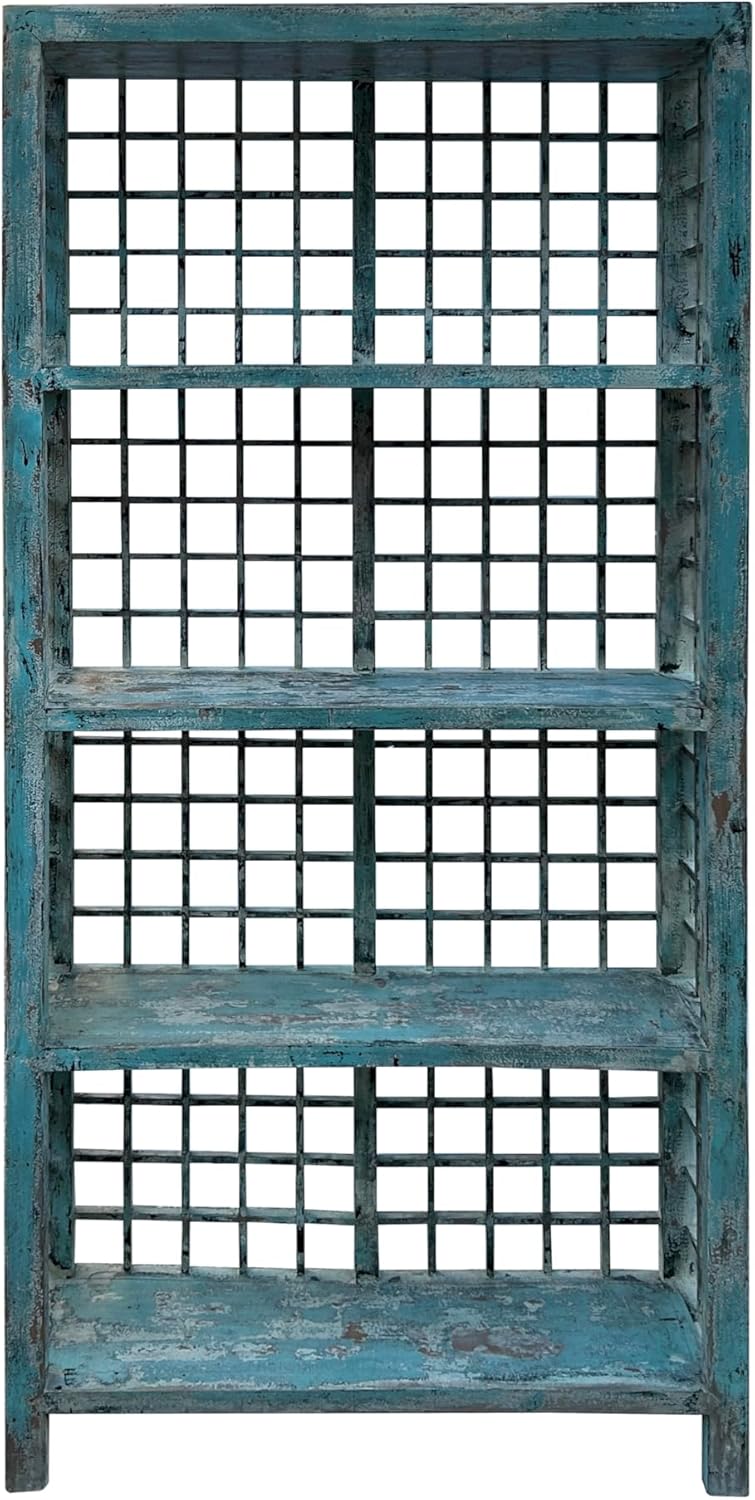 orientliving Distressed Teal Blue Green Grid Style Back Side Bookcase Display Cabinet Aws4473