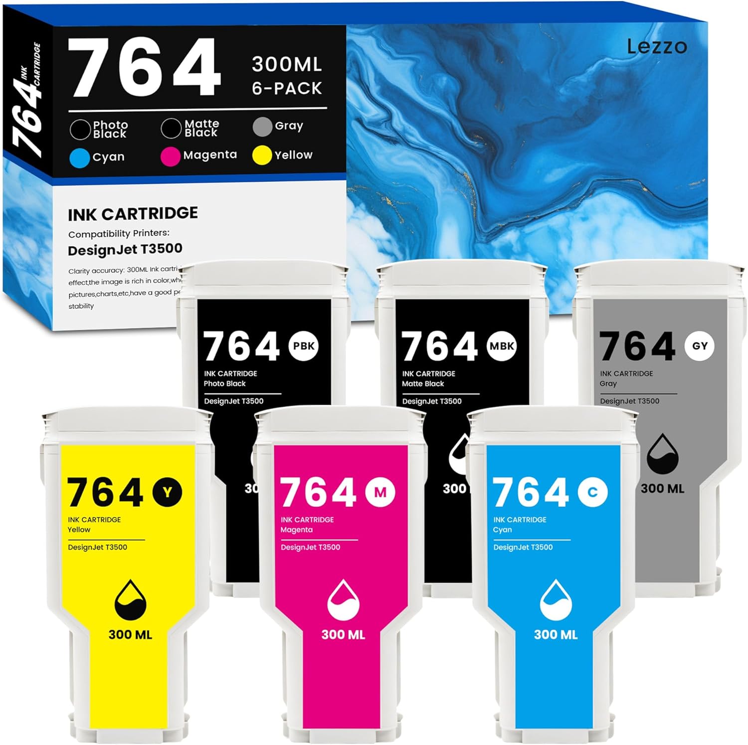Lezzo 764 Ink Cartridge 300ML 6-Pack 764 Ink Replacement for HP 764 Ink for DesignJet T3500 Postscript Printer (Photo Black/Matte Black/Gray/Cyan/Magenta/Yellow)