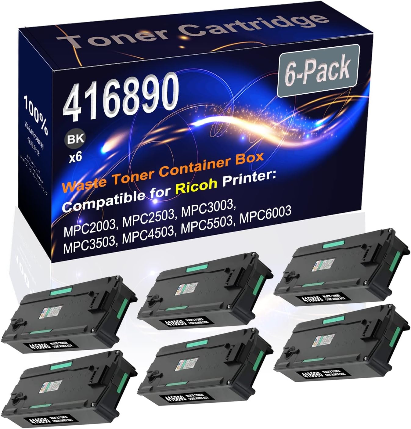 Kolasels 6-Pack (Black) Compatible 416890 Waste Toner Container Box (High Capacity) fit for Ricoh MPC2003 MPC2503 MPC3003 MPC3503 MPC4503 Printer