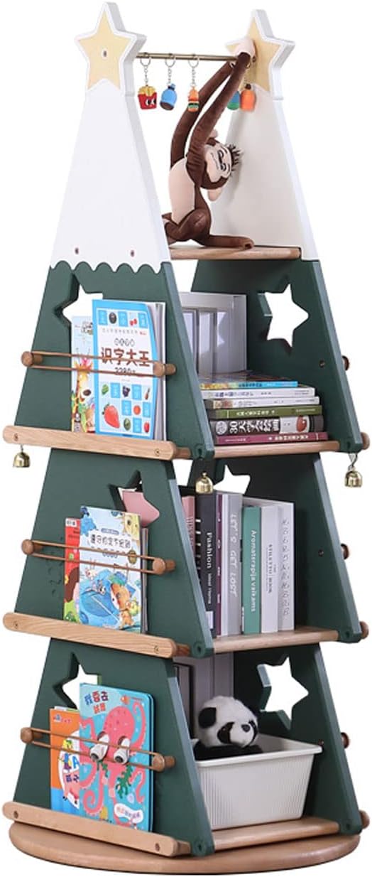 Solid Wood Rotating Bookshelf 360 Display 5 Tier Floor Standing Christmas Tree Shaped Bookcase Toy Cabinet Storage Rack for Kids & Adults