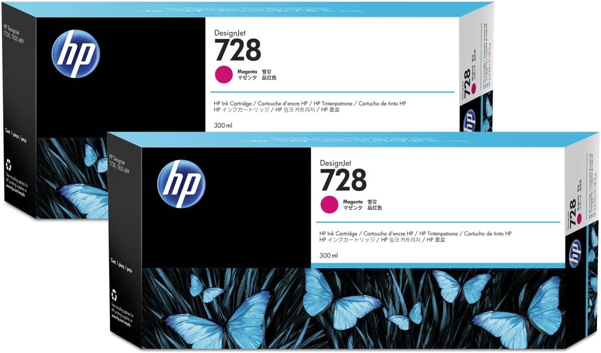 HP 728 300ml Magenta Ink Cartridge for DesignJet T730 and T830 Inkjet Printers, 2 Pack