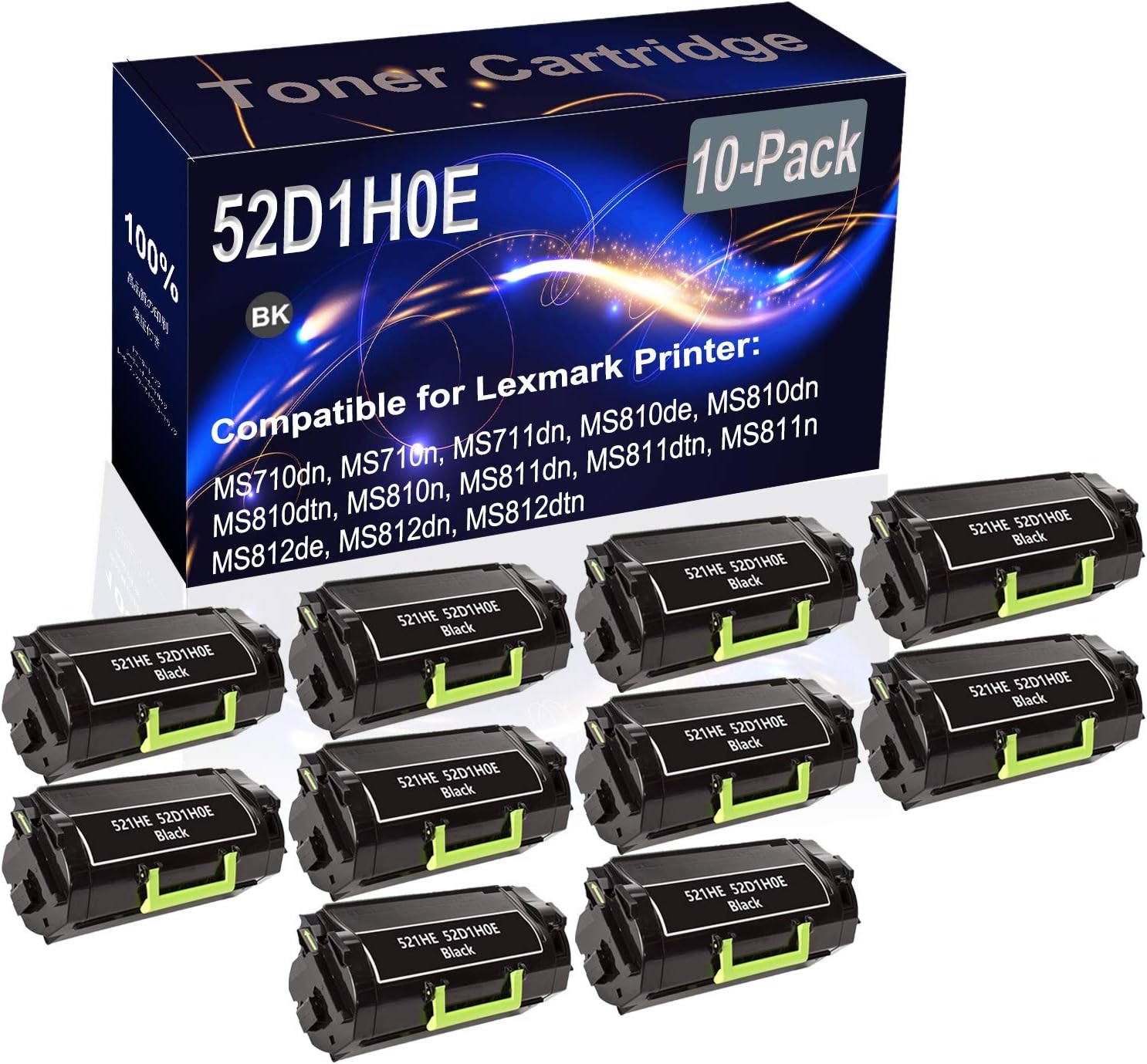 Kolasels 10-Pack (Black) Compatible MS710dn MS710n MS711dn MS810de MS810dn MS810dtn Laser Printer Cartridge (High Capacity) Replacement for 521HE 52D1H0E Printer Cartridge