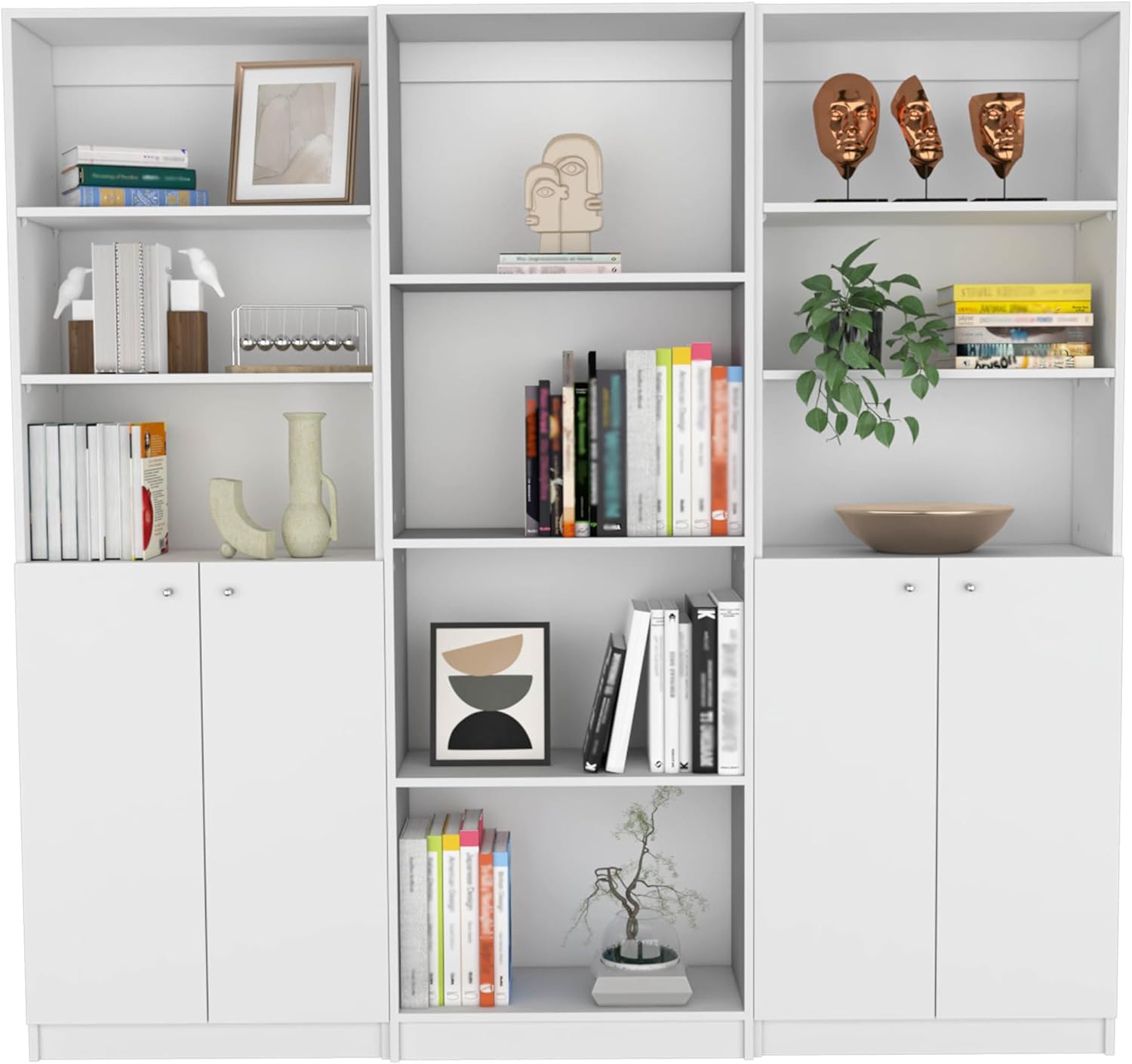 agnixnaf White Bookshelves Set of 3 with 7 Shelves, 2 Lower Double Doors, Rectangular Bookcase, Modern, for Office, Bedroom, Living Room, Study Room