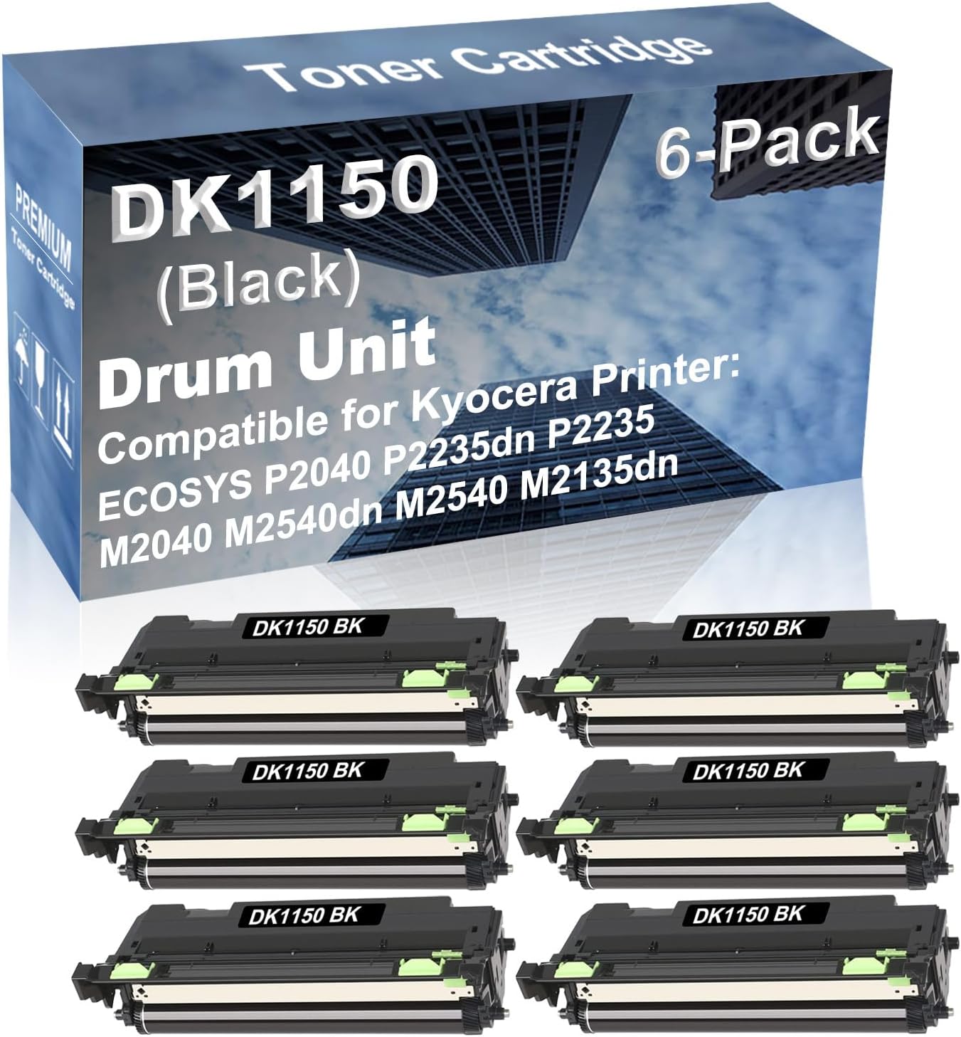 6-Pack (Black) Compatible M2040 M2540dn Printer Drum Unit Replacement for Kyocera DK1150 DK1160 DK1170 DK1180 DK1200 Drum Kit