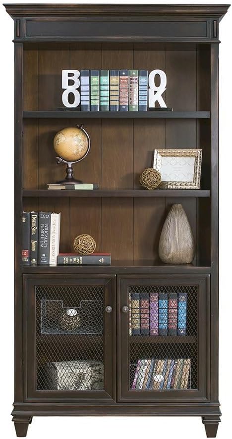 Starlight Canyon Home Wood Bookcase with Doors, 3 Adjustable Shelves, Fixed Shelf, Wire Mesh Doors, Black Finish
