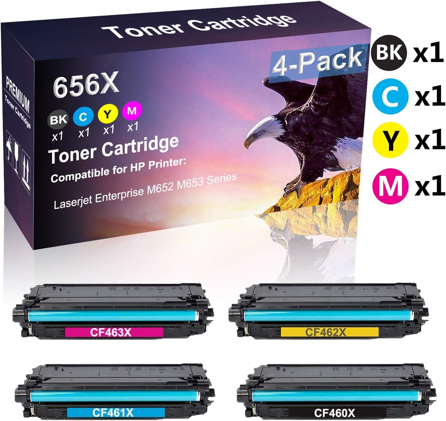 4 Pack (Black+Cyan+Yellow+Magenta) Compatible Laserjet Enterprise M652 M653 Imaging Toner Cartridge Replacement for HP 656X CF460X CF461X CF462X CF463X Printer Toner Cartridge(High Capacity)