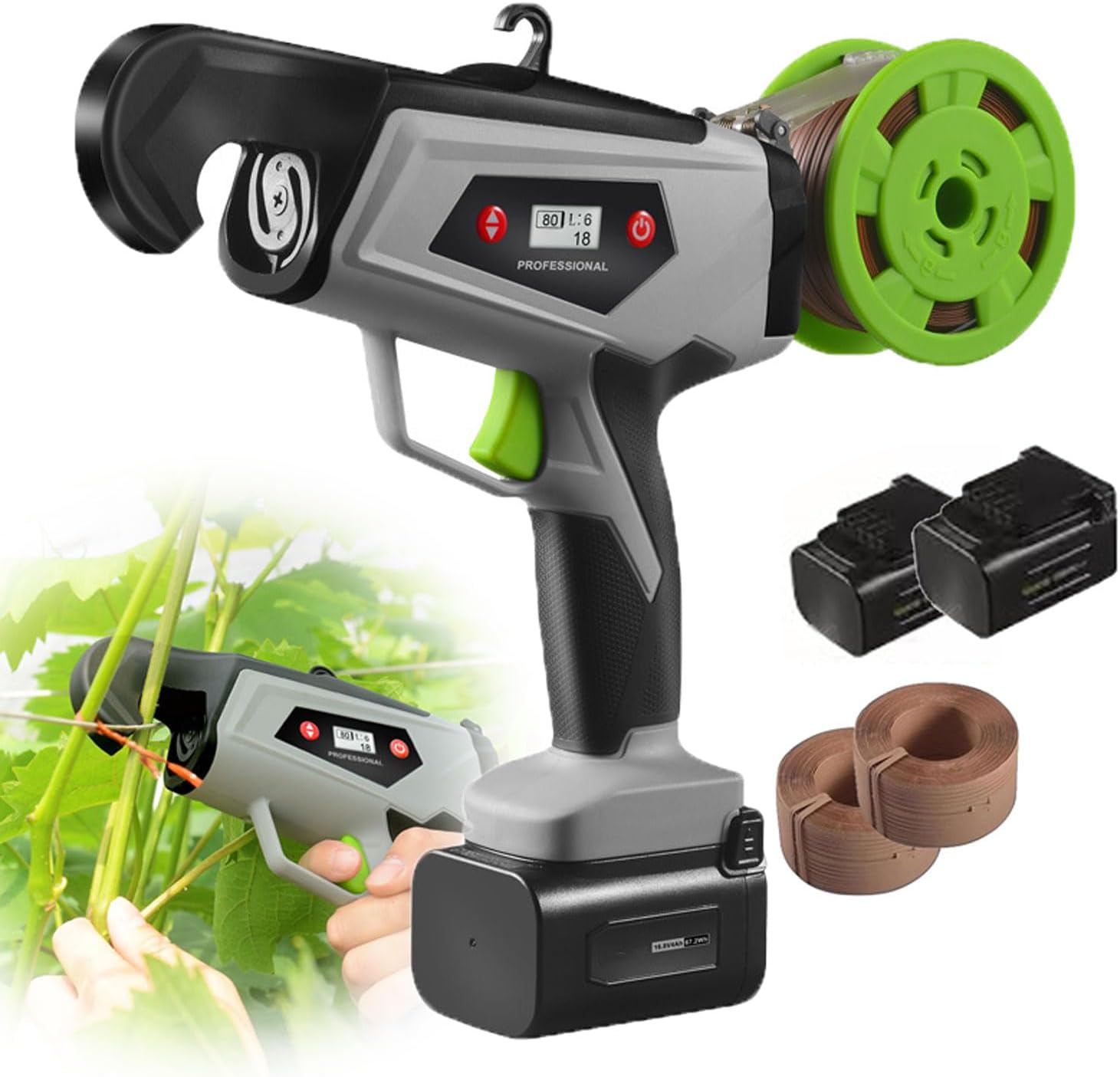 JKSVTF Electric Plant Tying Machine, Professional Wireless Branch Binder, LED Plant Binding Machine with 2 4AH Batteries, Maximum Binding Diameter 25mm, Binding Tool for Grapes, Tomatoes, Cucumbers